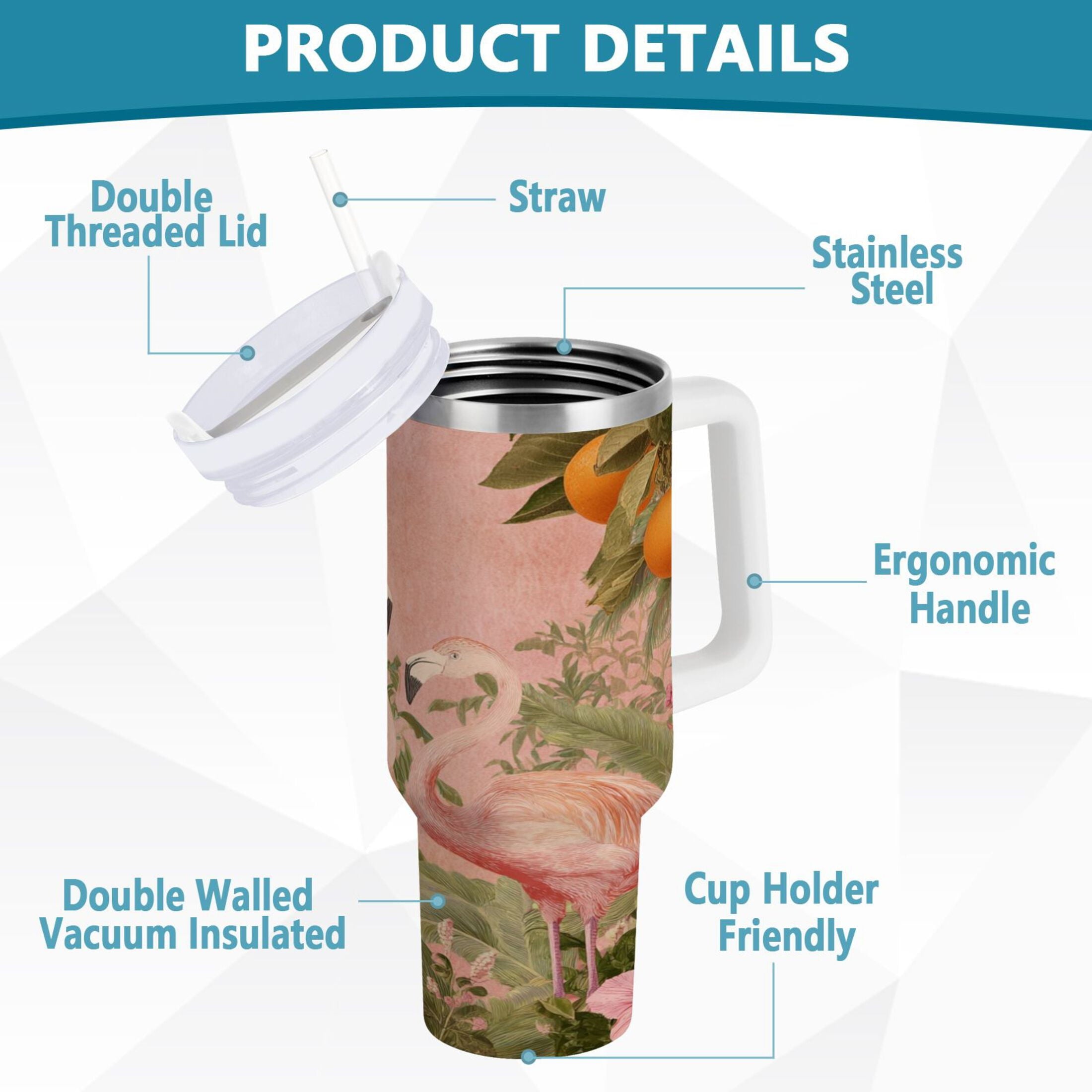 40 oz Insulated Stainless Steel Tumbler Double Wall Stainless Steel Tumbler with 2-Way Drinking Flamingos in Tropical Garden C666H