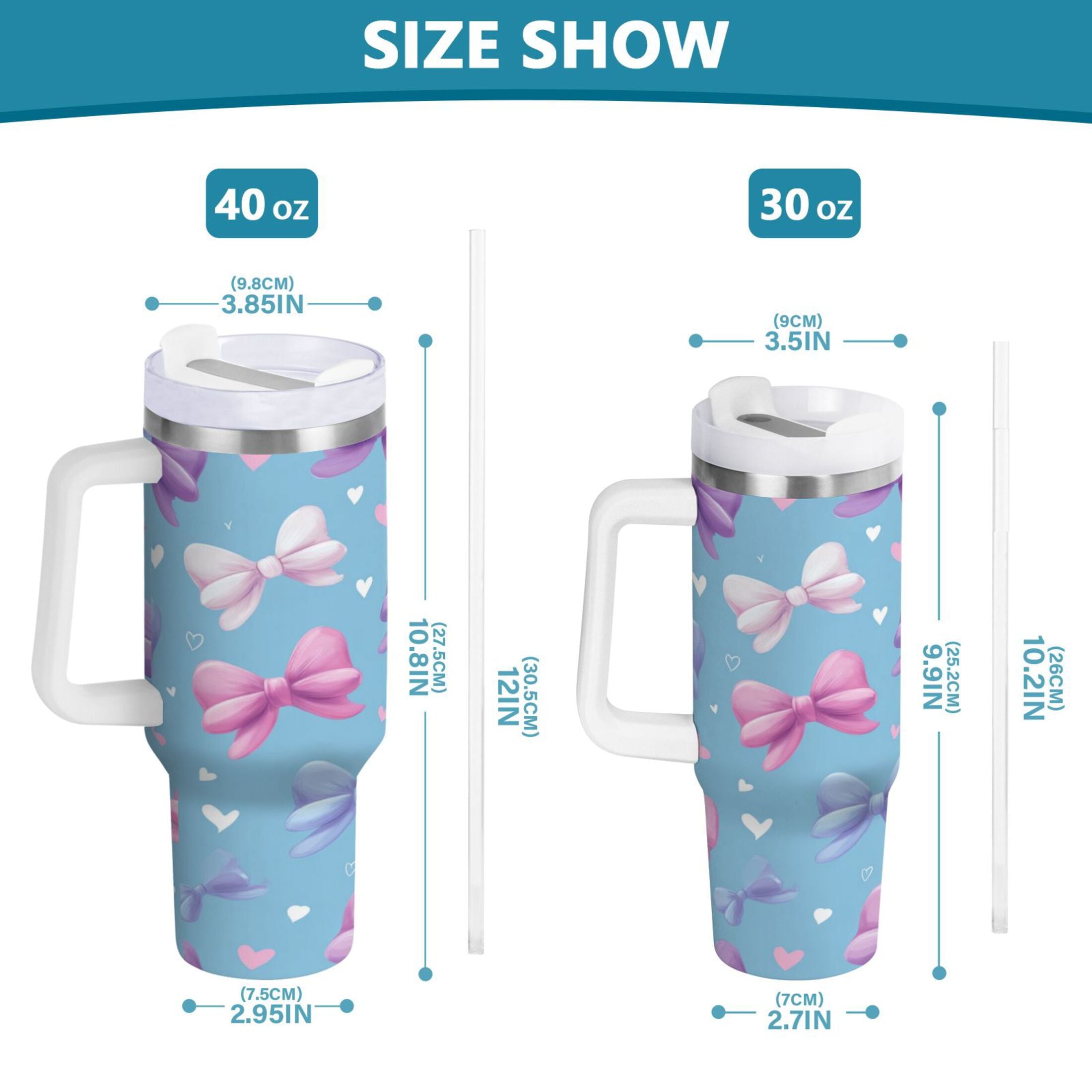 30 oz Insulated Stainless Steel Tumbler Double Wall Stainless Steel Tumbler with 2-Way Drinking Pink and Purple Bows C526N