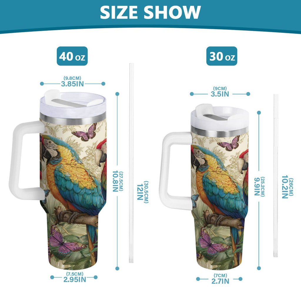 30 oz Insulated Stainless Steel Tumbler Double Wall Stainless Steel Tumbler with 2-Way Drinking Colorful Beautiful Parrots C520H
