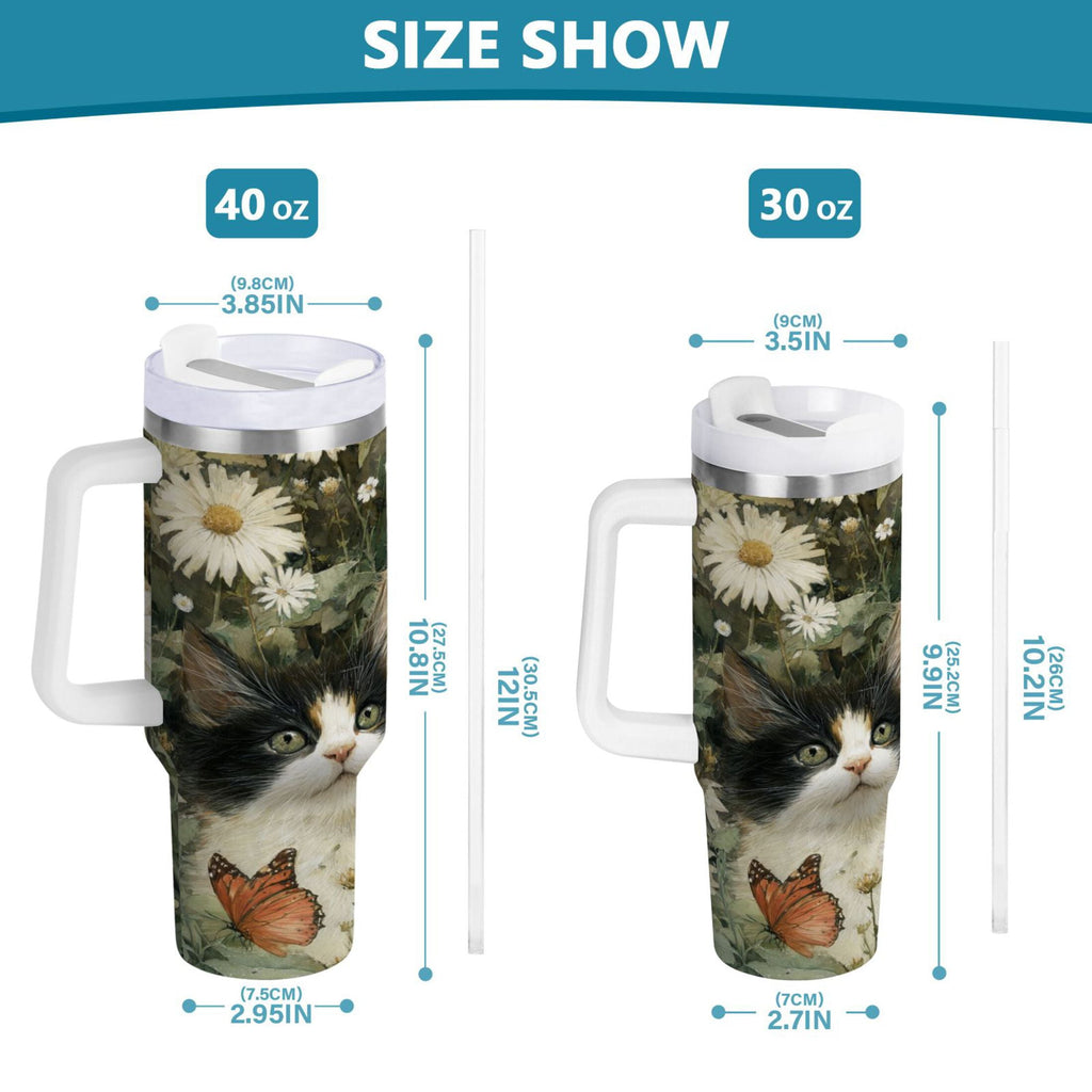 30 oz Insulated Stainless Steel Tumbler Double Wall Stainless Steel Tumbler with 2-Way Drinking Adorable Cats and Daisies C602Z