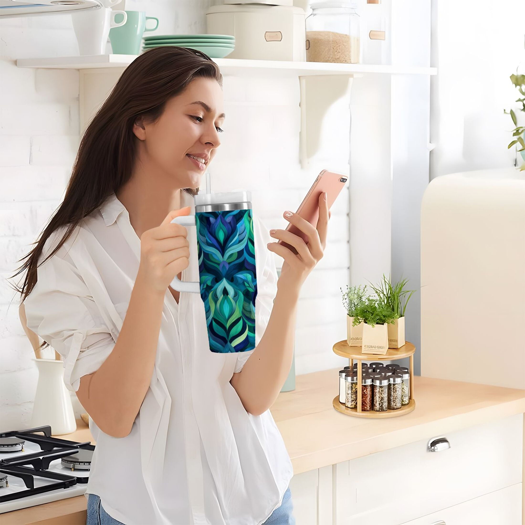40 oz Insulated Stainless Steel Tumbler Double Wall Stainless Steel Tumbler with 2-Way Drinking Elegant Blue Abstract Shapes C609J