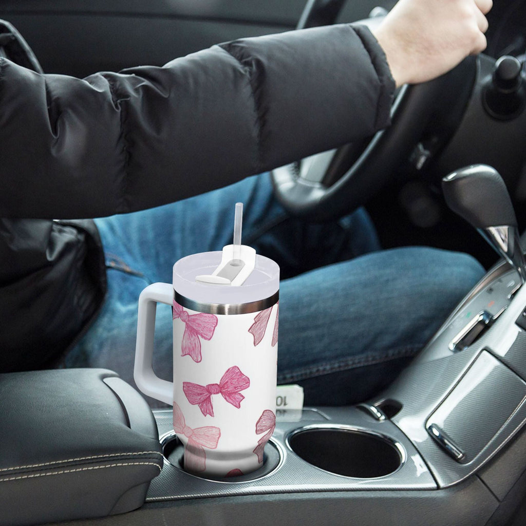 40 oz Insulated Stainless Steel Tumbler Double Wall Stainless Steel Tumbler with 2-Way Drinking Pink Bows Pattern C570V