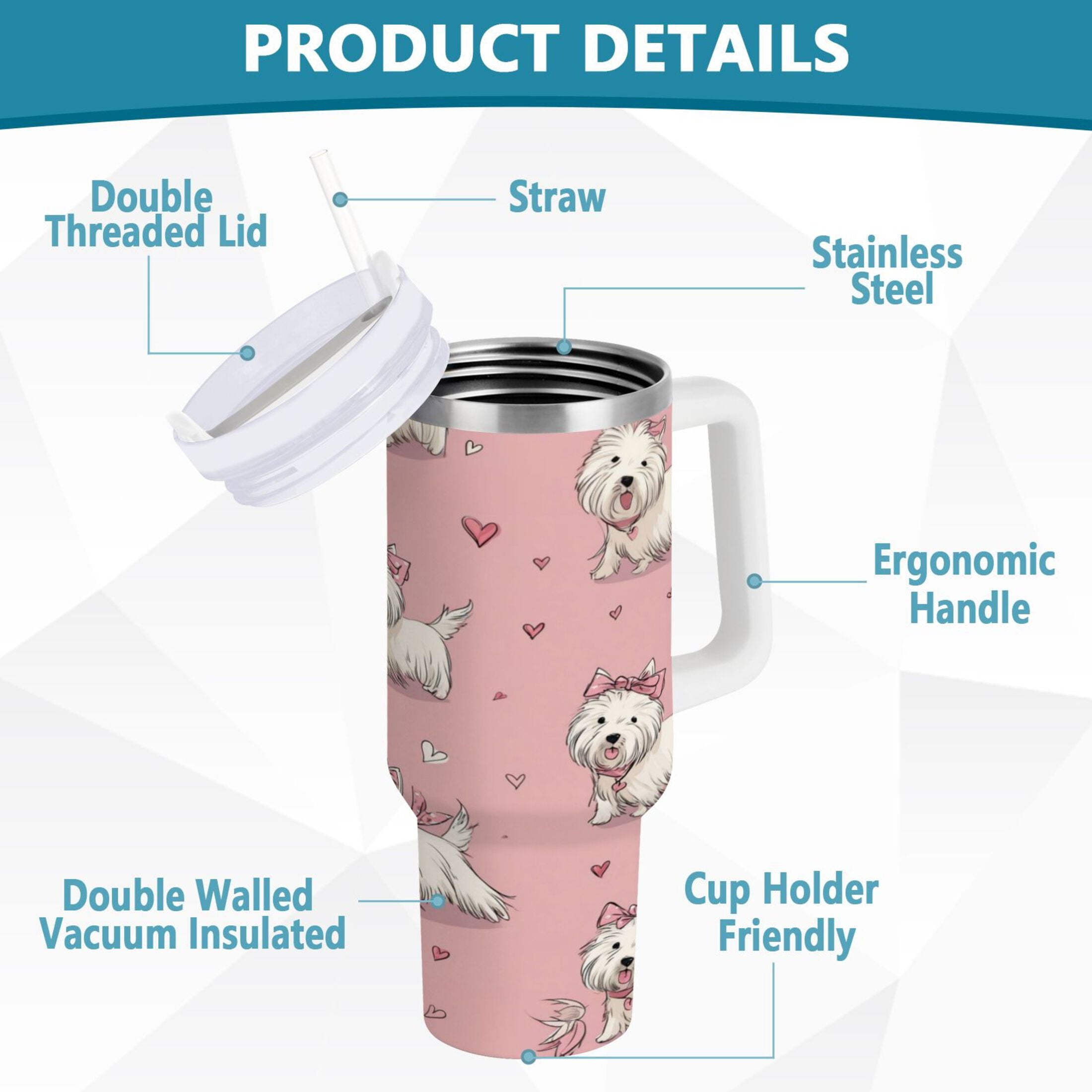 30 oz Insulated Stainless Steel Tumbler Double Wall Stainless Steel Tumbler with 2-Way Drinking Dogs Wearing Bows C659U