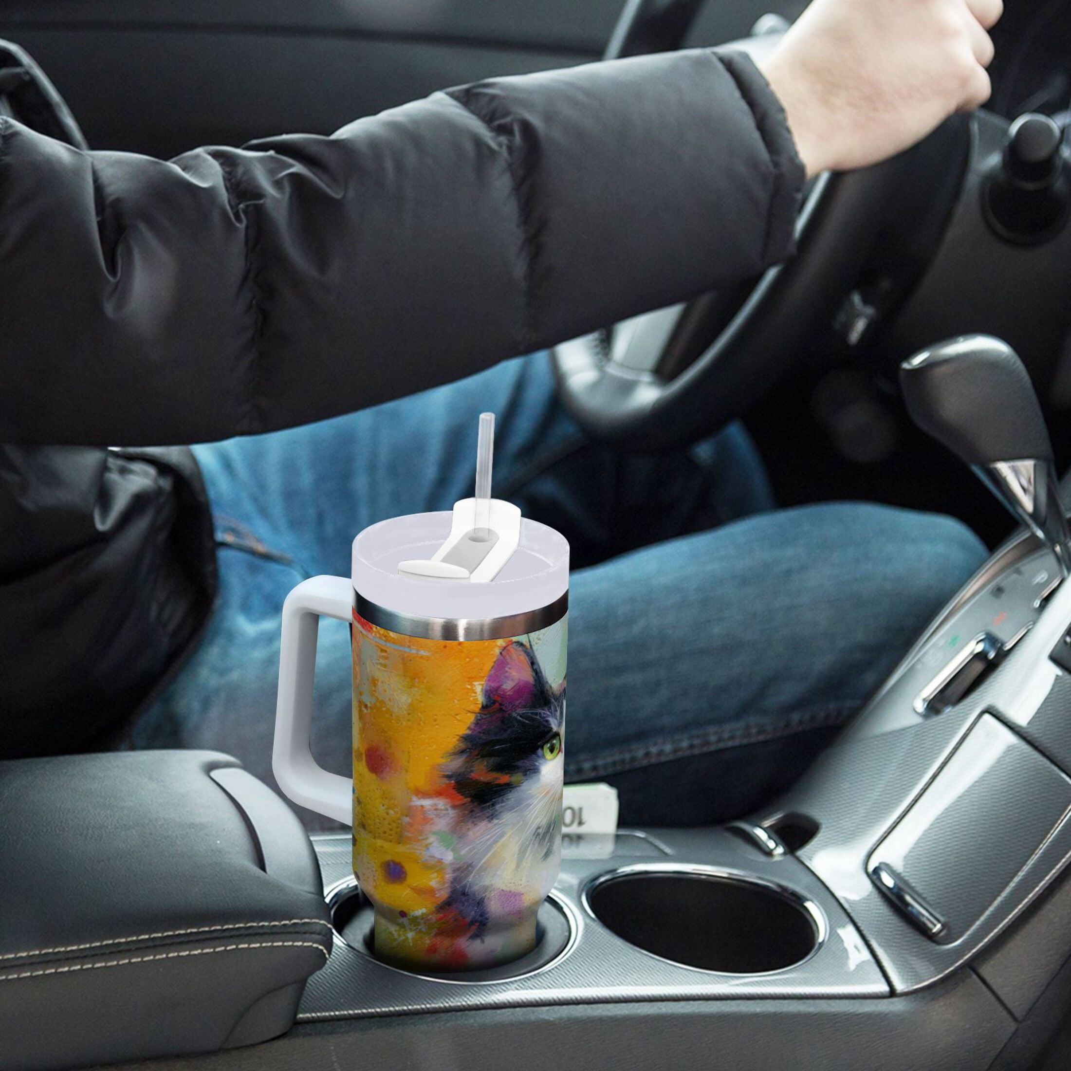 30 oz Insulated Stainless Steel Tumbler Double Wall Stainless Steel Tumbler with 2-Way Drinking Charming Hairy Cat C672D