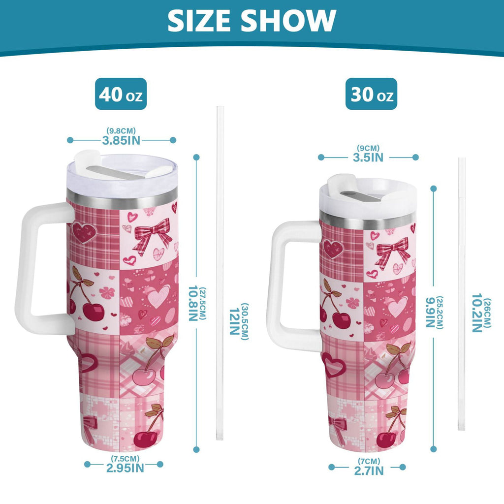 30 oz Insulated Stainless Steel Tumbler Double Wall Stainless Steel Tumbler with 2-Way Drinking Cherry Pattern with Bows C634X