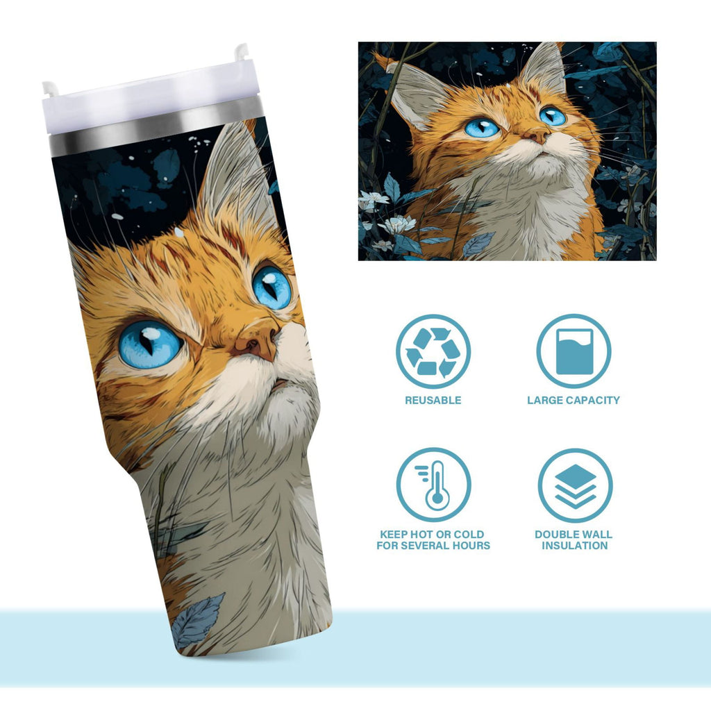 30 oz Insulated Stainless Steel Tumbler Double Wall Stainless Steel Tumbler with 2-Way Drinking Orange Cat with Blue Eyes C585S