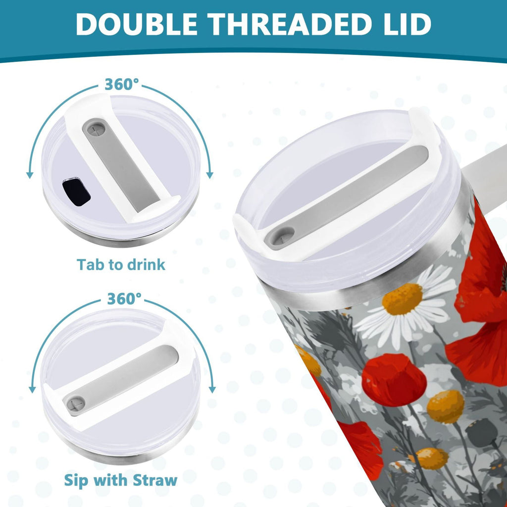 40 oz Insulated Stainless Steel Tumbler Double Wall Stainless Steel Tumbler with 2-Way Drinking Red Flowers and Daisies C498S