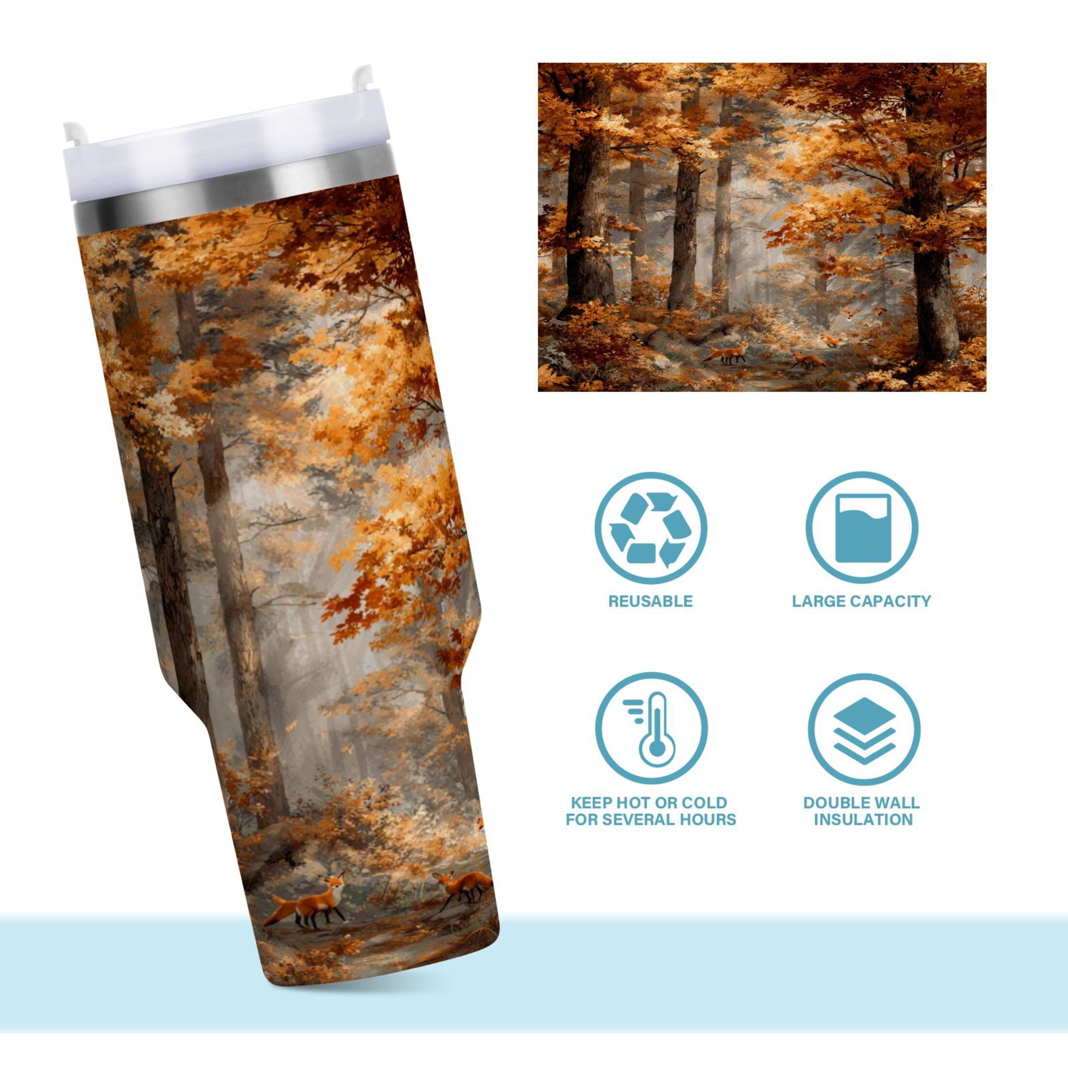 30 oz Insulated Stainless Steel Tumbler Double Wall Stainless Steel Tumbler with 2-Way Drinking Beautiful Autumn Forest C556L