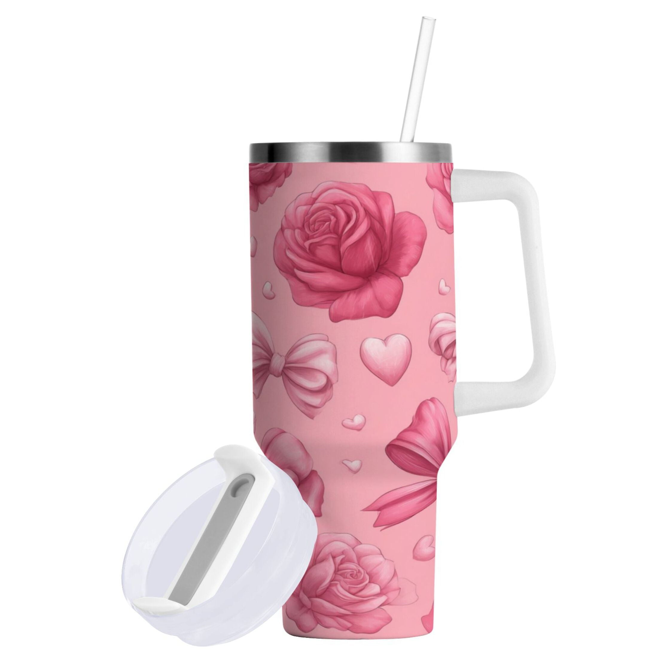 40 oz Insulated Stainless Steel Tumbler Double Wall Stainless Steel Tumbler with 2-Way Drinking Roses and Bows Pattern C661Z