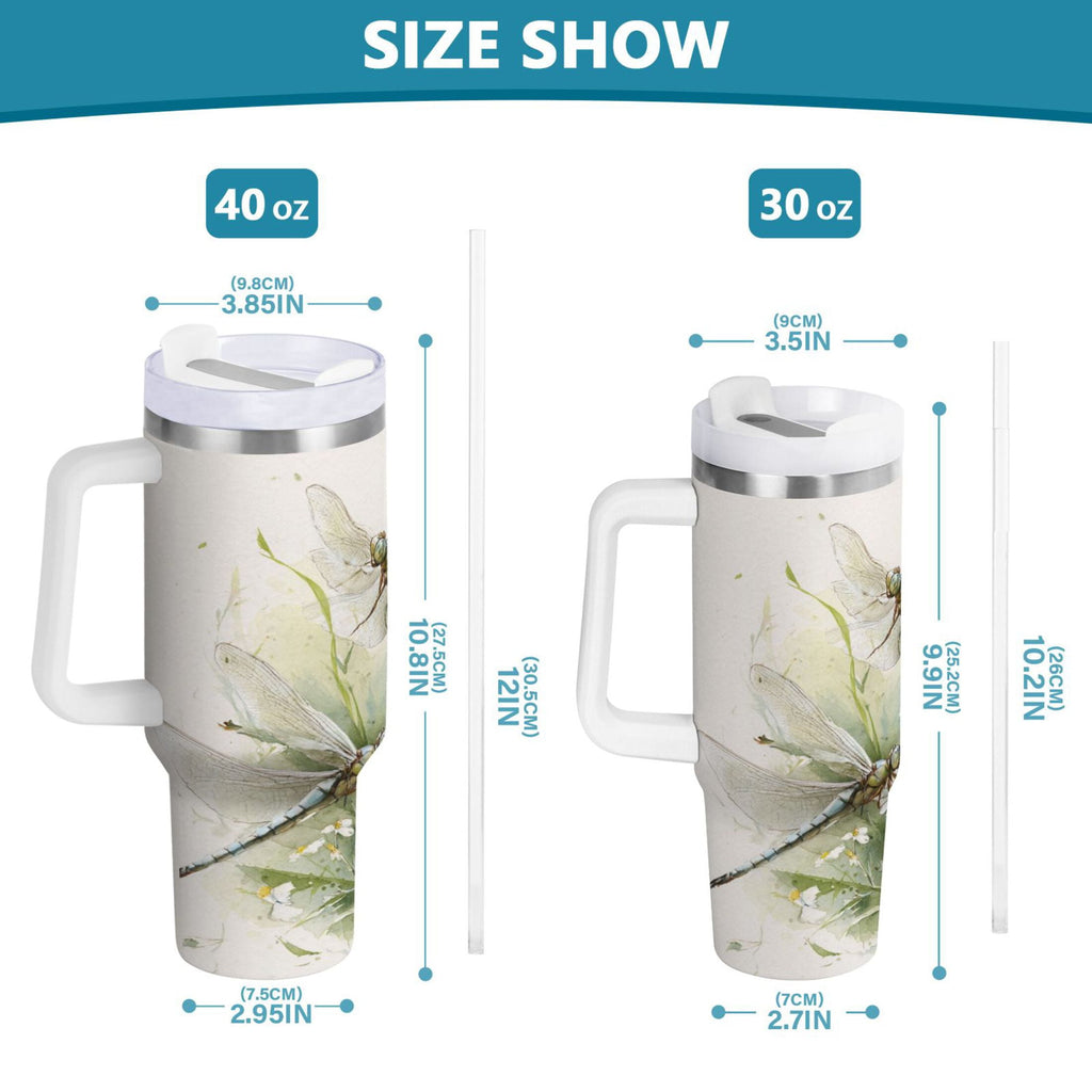 30 oz Insulated Stainless Steel Tumbler Double Wall Stainless Steel Tumbler with 2-Way Drinking Dragonflies with White Daisies C655T