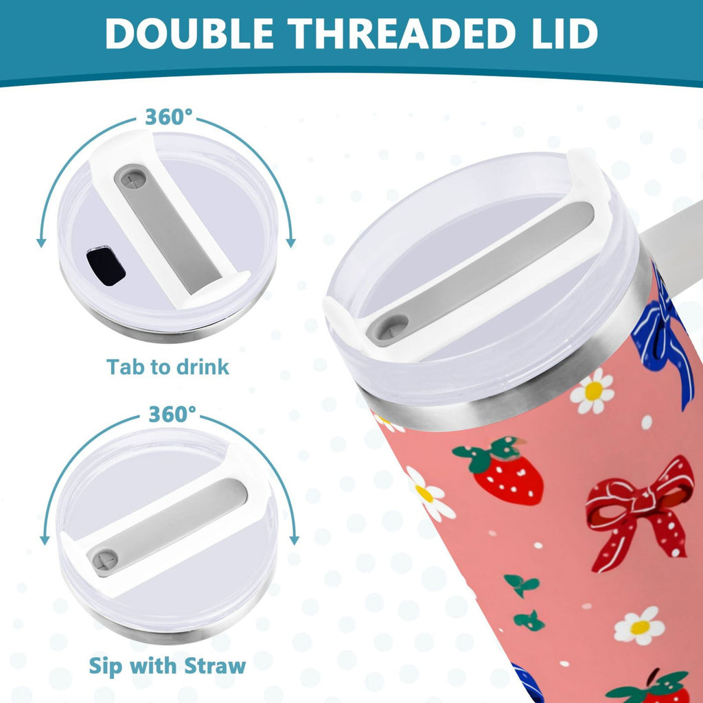 40 oz Insulated Stainless Steel Tumbler Double Wall Stainless Steel Tumbler with 2-Way Drinking Bows and Strawberries Pattern C511T