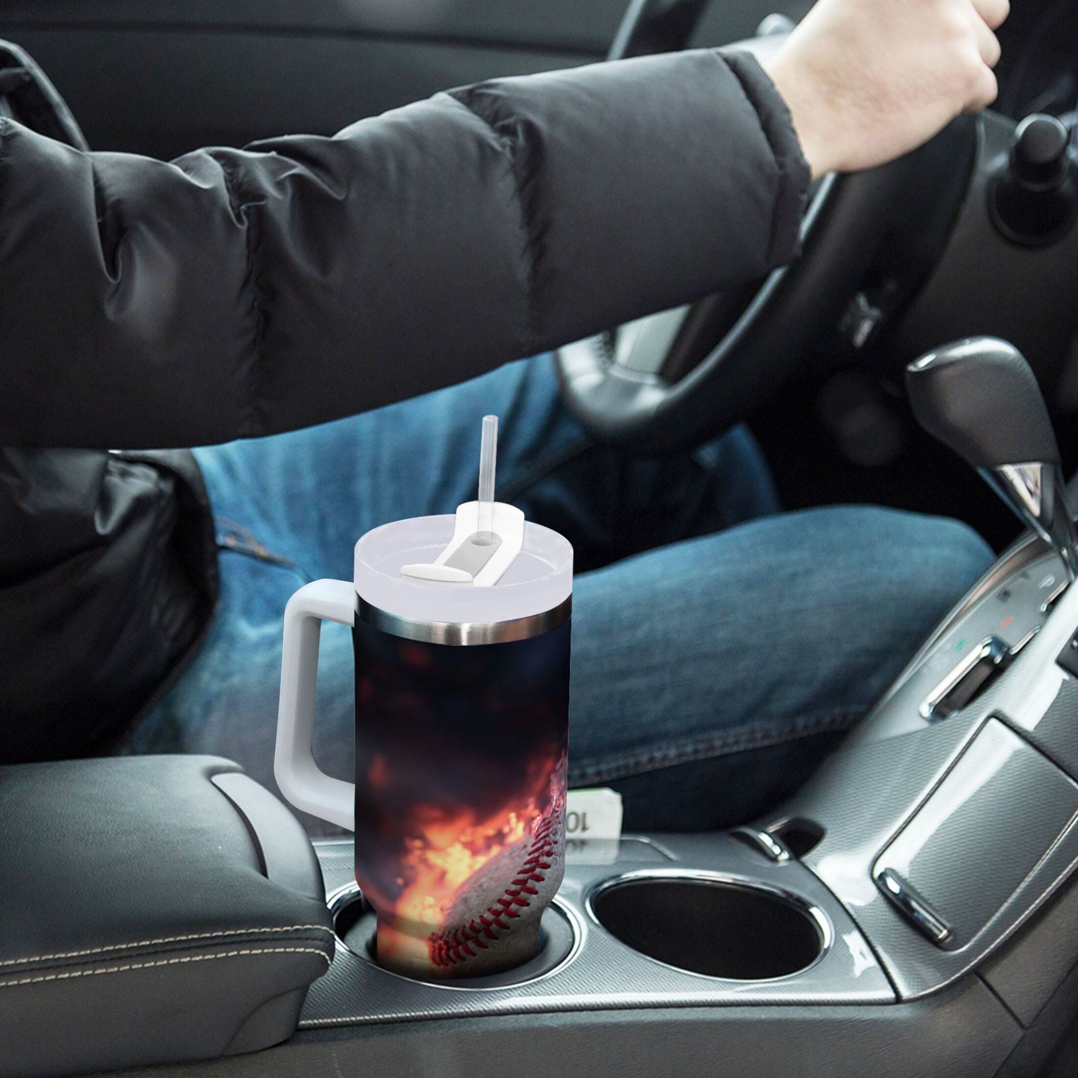 40 oz Insulated Stainless Steel Tumbler Double Wall Stainless Steel Tumbler with 2-Way Drinking Baseball with Water and Fire C680S