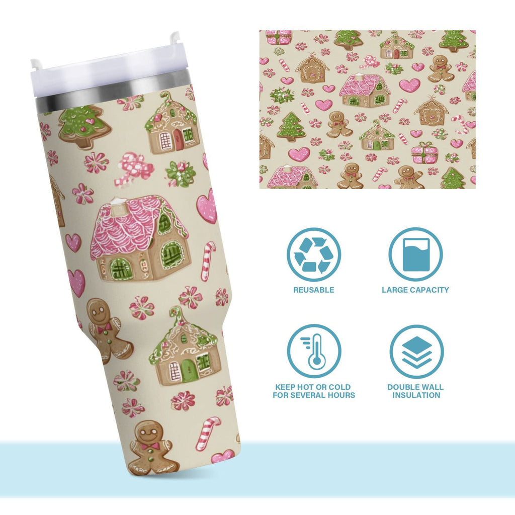 40 oz Insulated Stainless Steel Tumbler Double Wall Stainless Steel Tumbler with 2-Way Drinking Pink Cute Christmas Pattern C564G