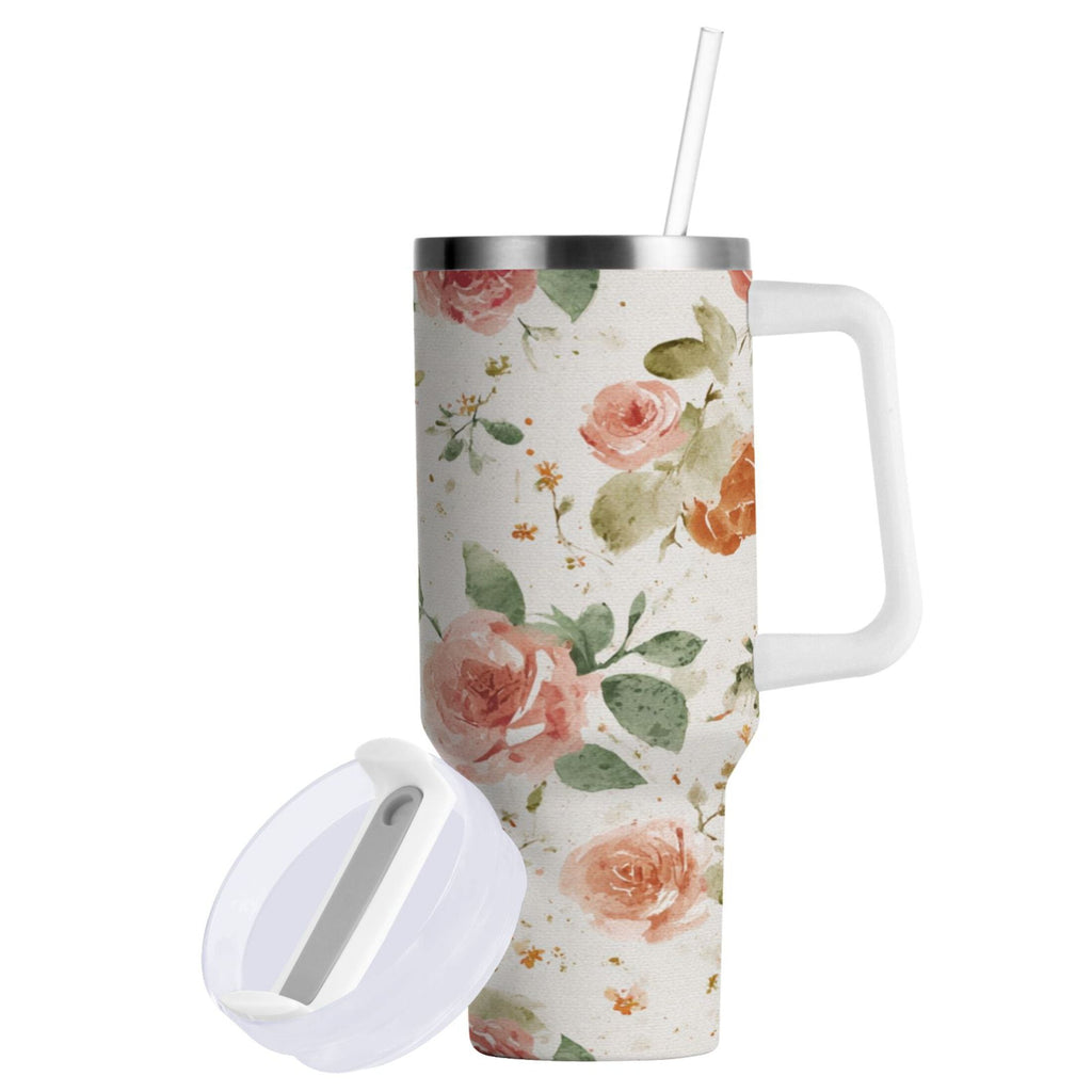 40 oz Insulated Stainless Steel Tumbler Double Wall Stainless Steel Tumbler with 2-Way Drinking Watercolor Rose Floral Pattern C499A