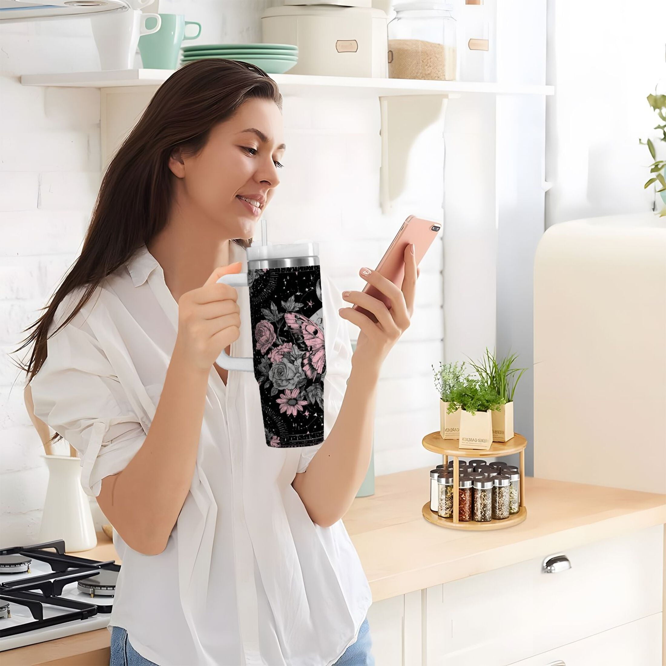 30 oz Insulated Stainless Steel Tumbler Double Wall Stainless Steel Tumbler with 2-Way Drinking Butterfly by Moon and Flowers C542H