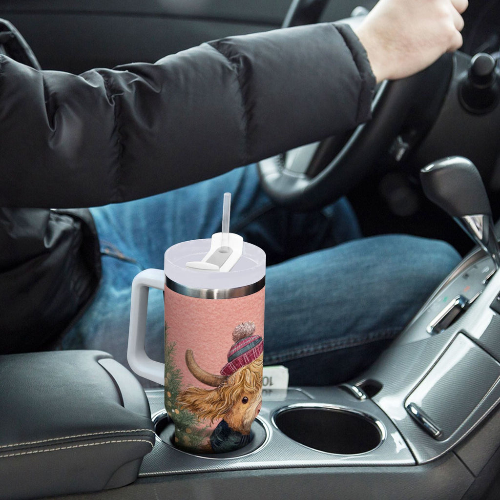 30 oz Insulated Stainless Steel Tumbler Double Wall Stainless Steel Tumbler with 2-Way Drinking Cow Wearing Scarf and Hat C663H
