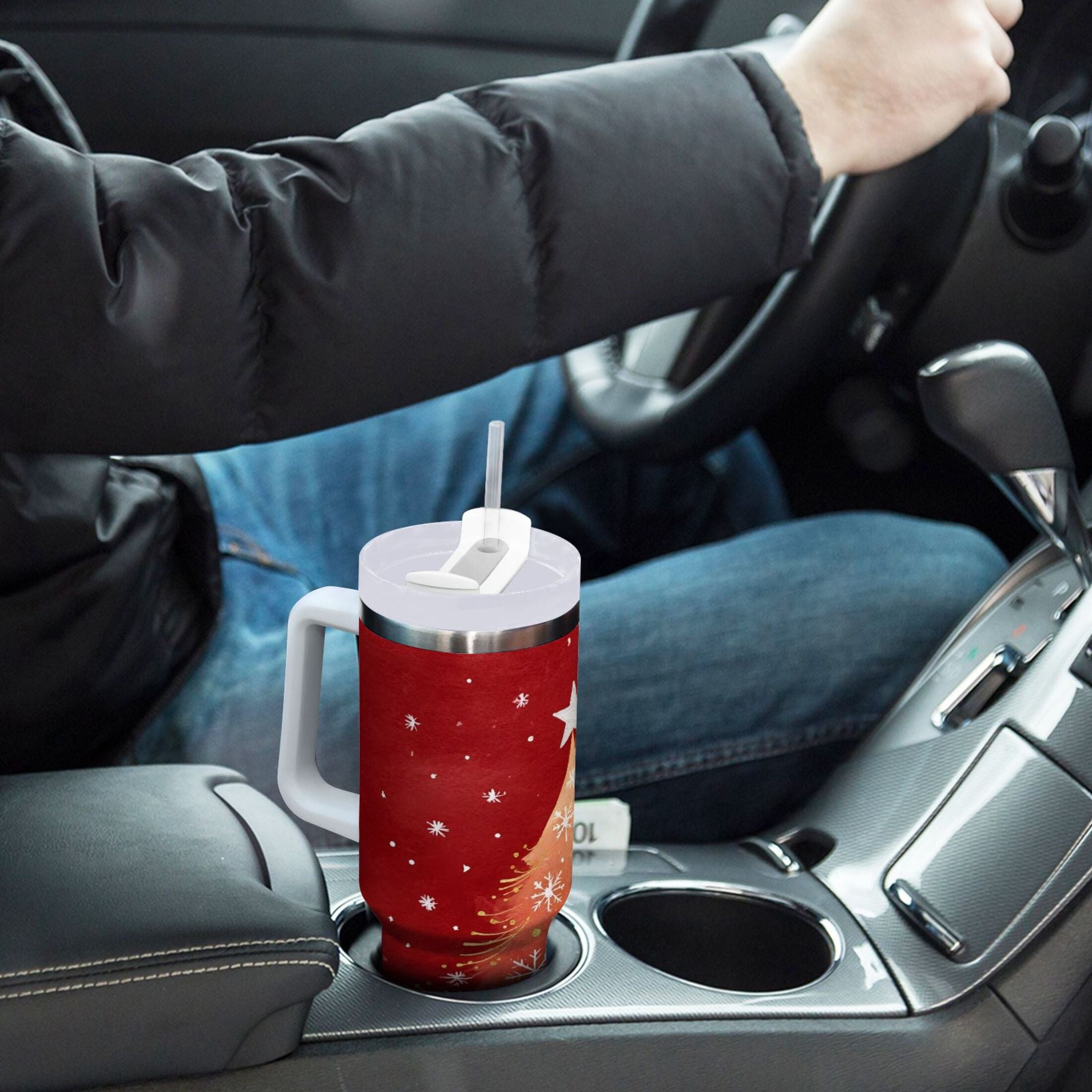 40 oz Insulated Stainless Steel Tumbler Double Wall Stainless Steel Tumbler with 2-Way Drinking Red Christmas Tree C662K