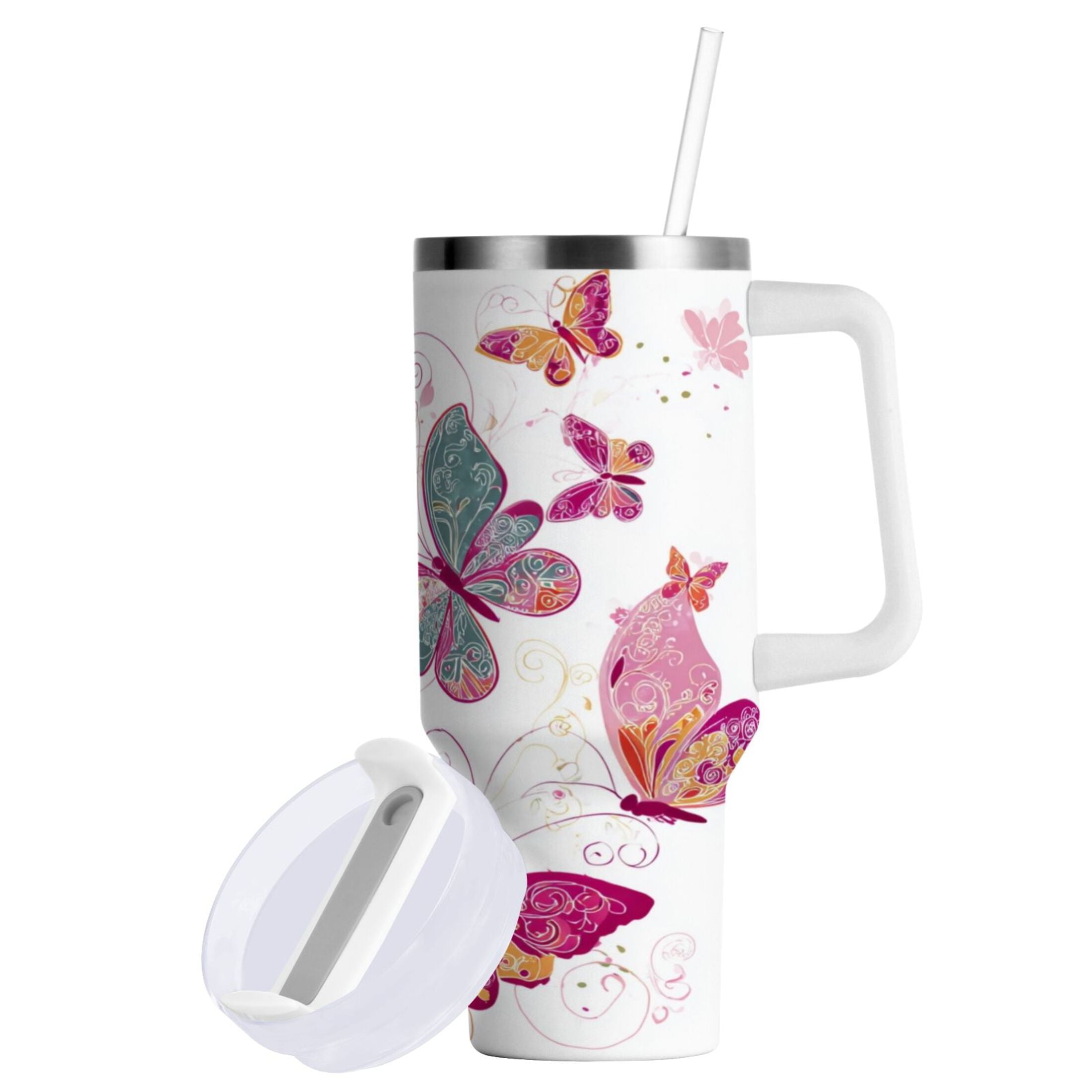 30 oz Insulated Stainless Steel Tumbler Double Wall Stainless Steel Tumbler with 2-Way Drinking Colorful Butterflies C605L