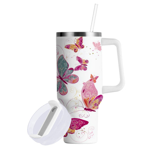 30 oz Insulated Stainless Steel Tumbler Double Wall Stainless Steel Tumbler with 2-Way Drinking Colorful Butterflies C605L