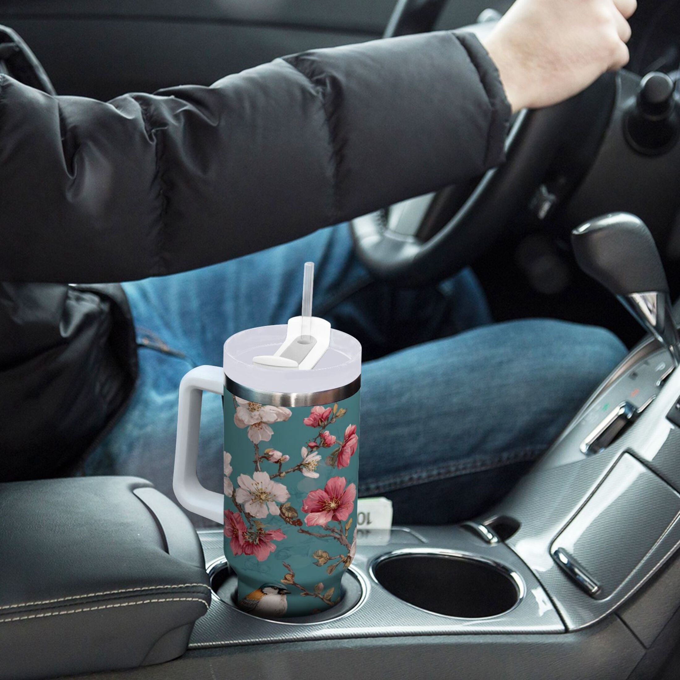 30 oz Insulated Stainless Steel Tumbler Double Wall Stainless Steel Tumbler with 2-Way Drinking Birds and Cherry Pattern C537A