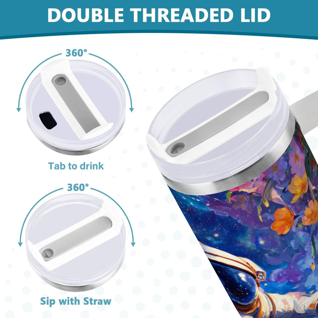 40 oz Insulated Stainless Steel Tumbler Double Wall Stainless Steel Tumbler with 2-Way Drinking Astronaut and Colorful Flowers C562D