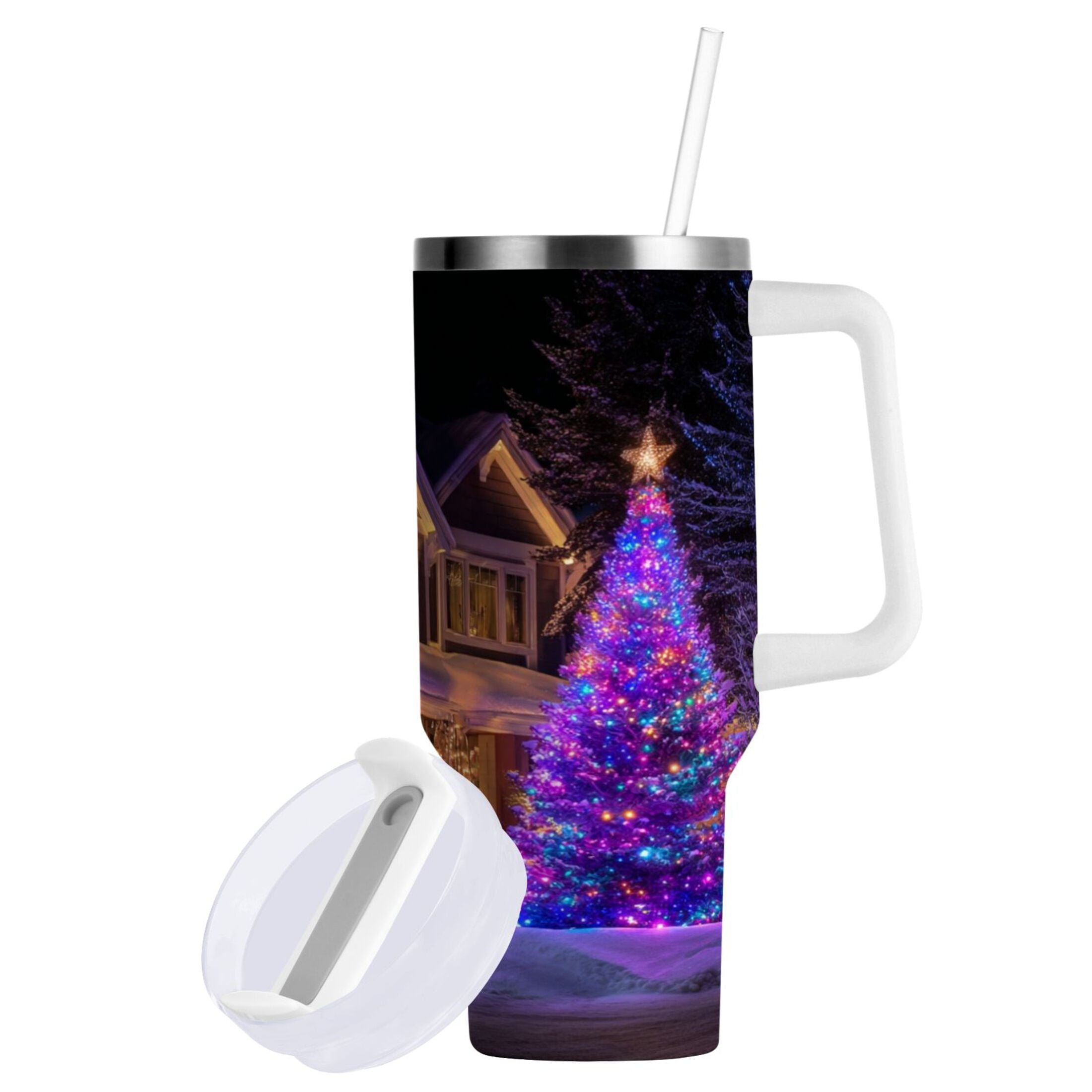 40 oz Insulated Stainless Steel Tumbler Double Wall Stainless Steel Tumbler with 2-Way Drinking Christmas Trees with Lights C664B