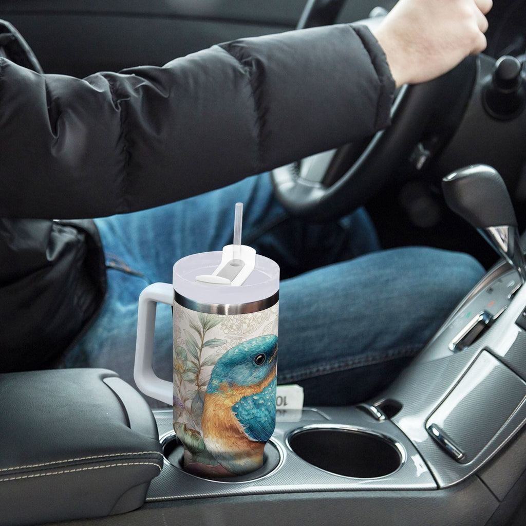 30 oz Insulated Stainless Steel Tumbler Double Wall Stainless Steel Tumbler with 2-Way Drinking Bluebird and Flower C538D