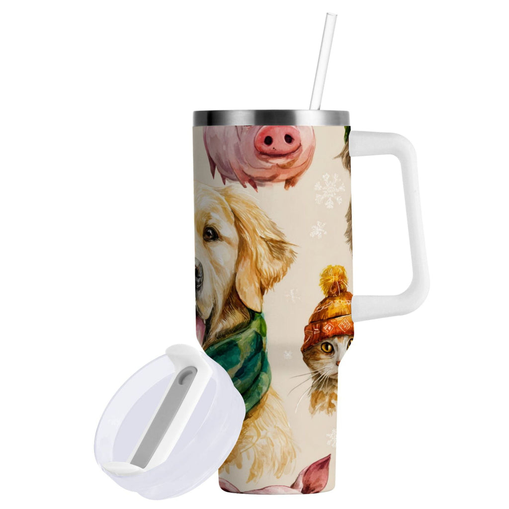 30 oz Insulated Stainless Steel Tumbler Double Wall Stainless Steel Tumbler with 2-Way Drinking Watercolor Animals Pattern C618Y
