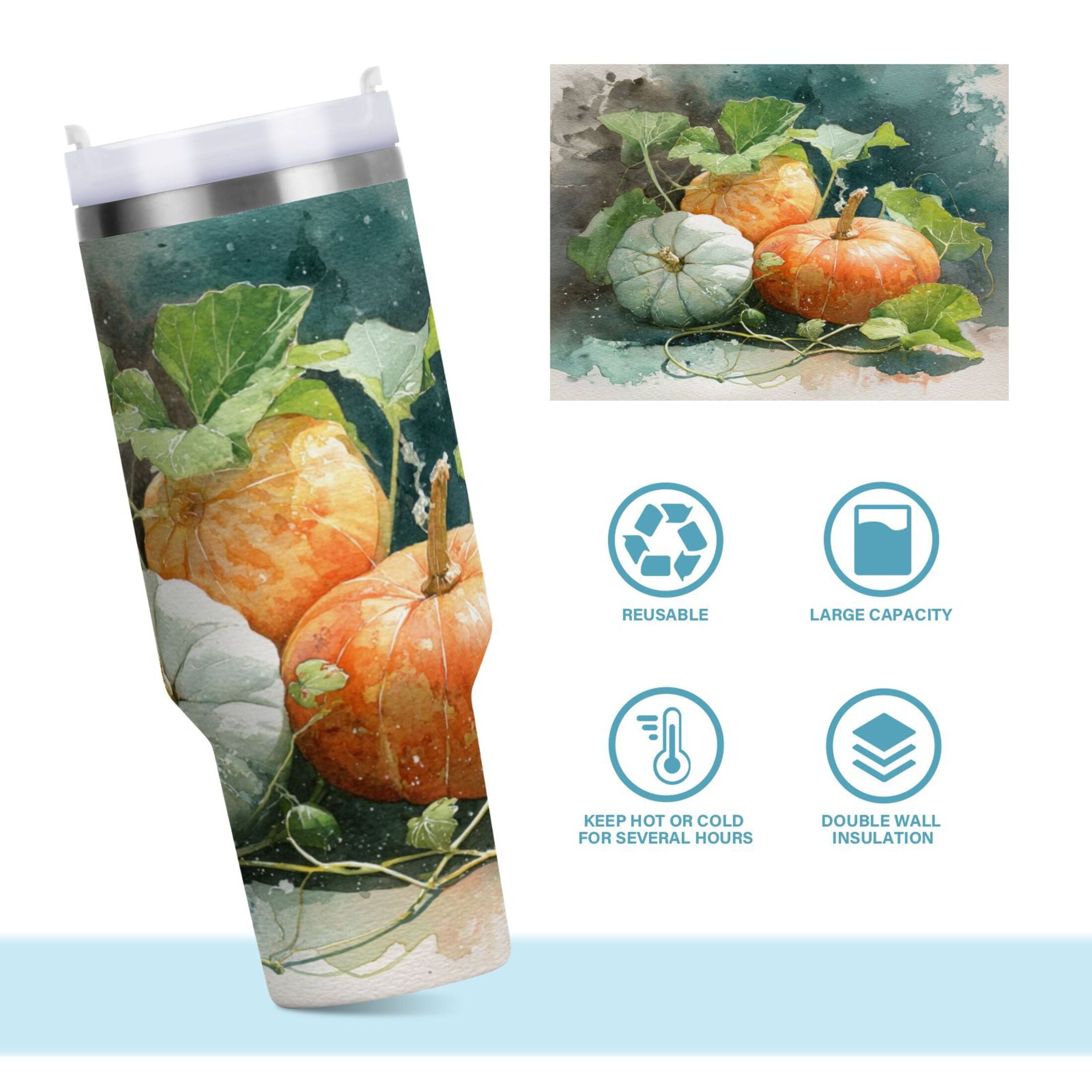 40 oz Insulated Stainless Steel Tumbler Double Wall Stainless Steel Tumbler with 2-Way Drinking Orange and White Pumpkins C535T