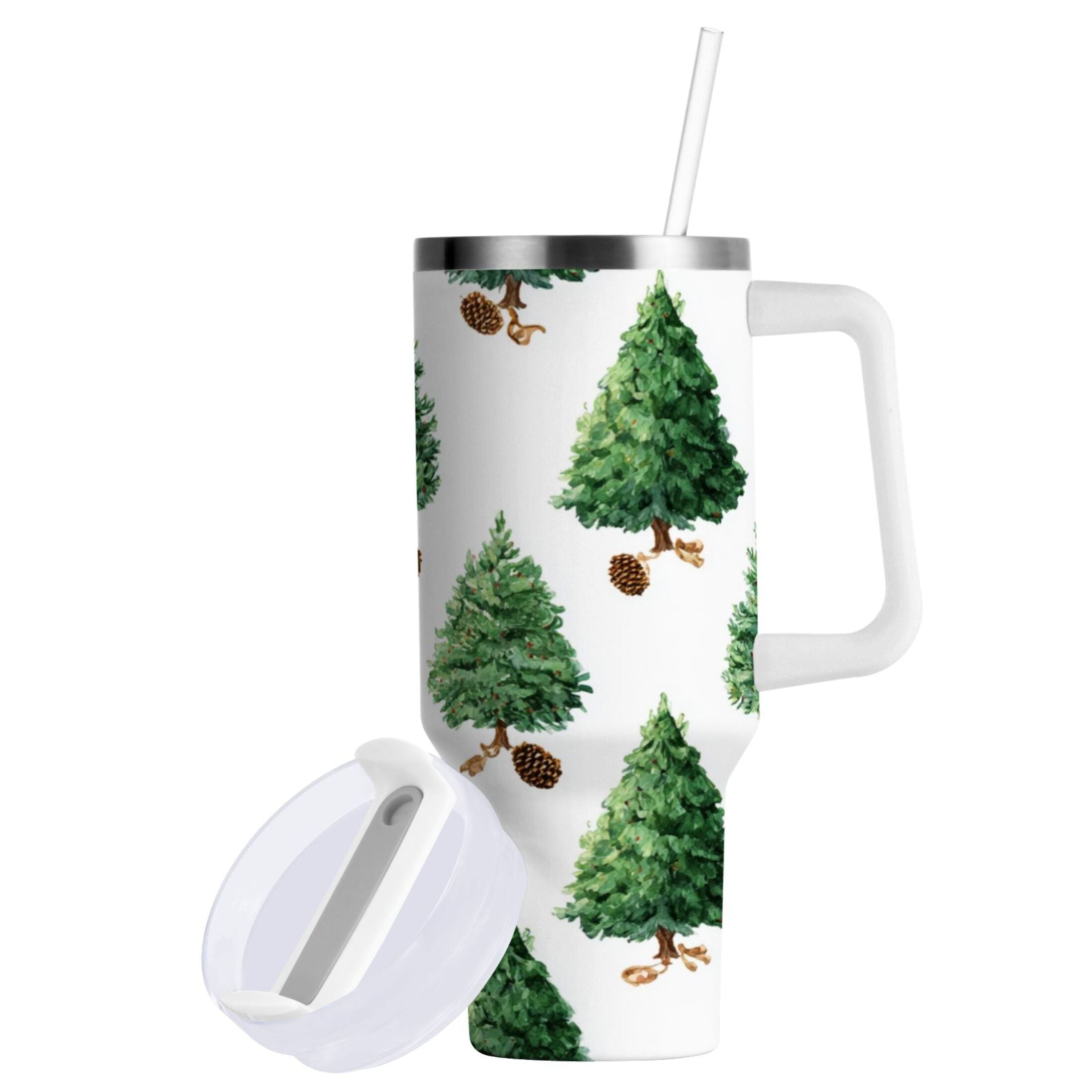 30 oz Insulated Stainless Steel Tumbler Double Wall Stainless Steel Tumbler with 2-Way Drinking Watercolor Green Christmas Tree C533S