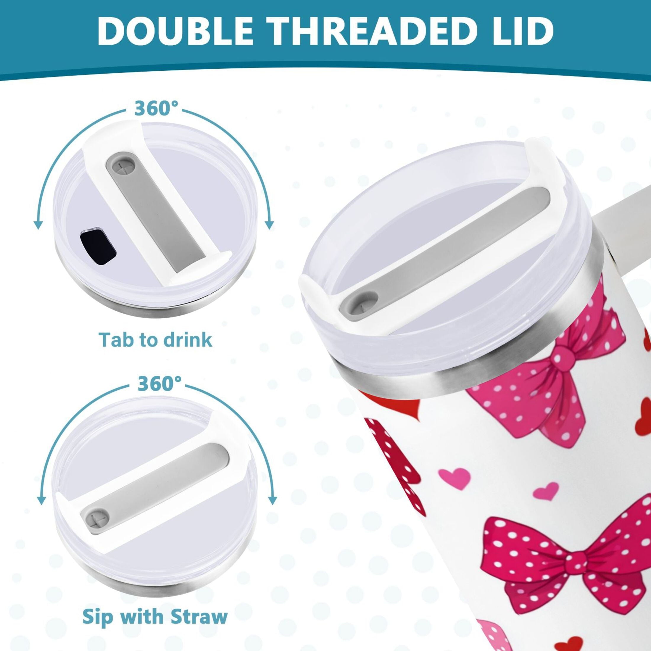 30 oz Insulated Stainless Steel Tumbler Double Wall Stainless Steel Tumbler with 2-Way Drinking Red and Pink Bows C595R
