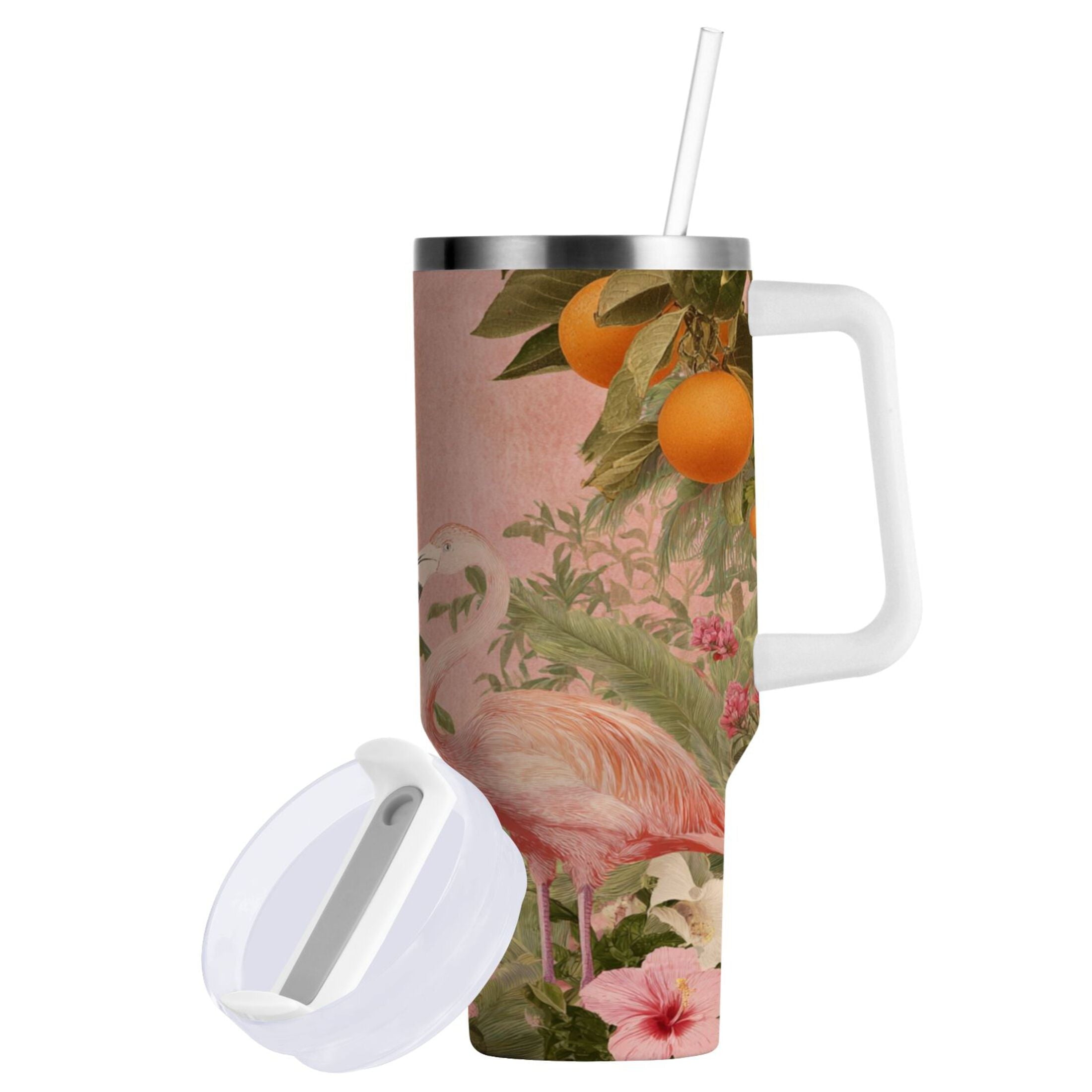 40 oz Insulated Stainless Steel Tumbler Double Wall Stainless Steel Tumbler with 2-Way Drinking Flamingos in Tropical Garden C666H
