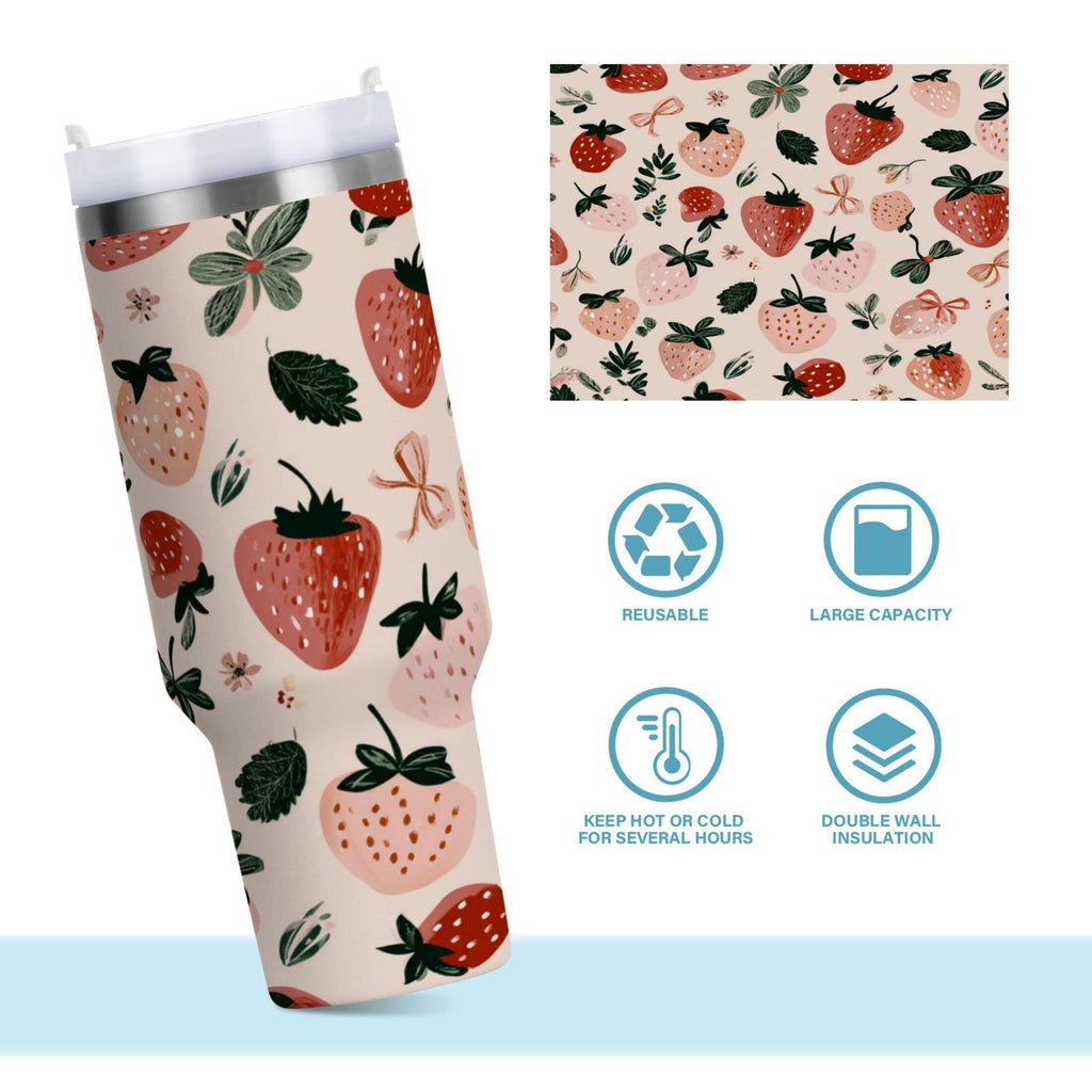 30 oz Insulated Stainless Steel Tumbler Double Wall Stainless Steel Tumbler with 2-Way Drinking Cute Pinks Strawberries C596A