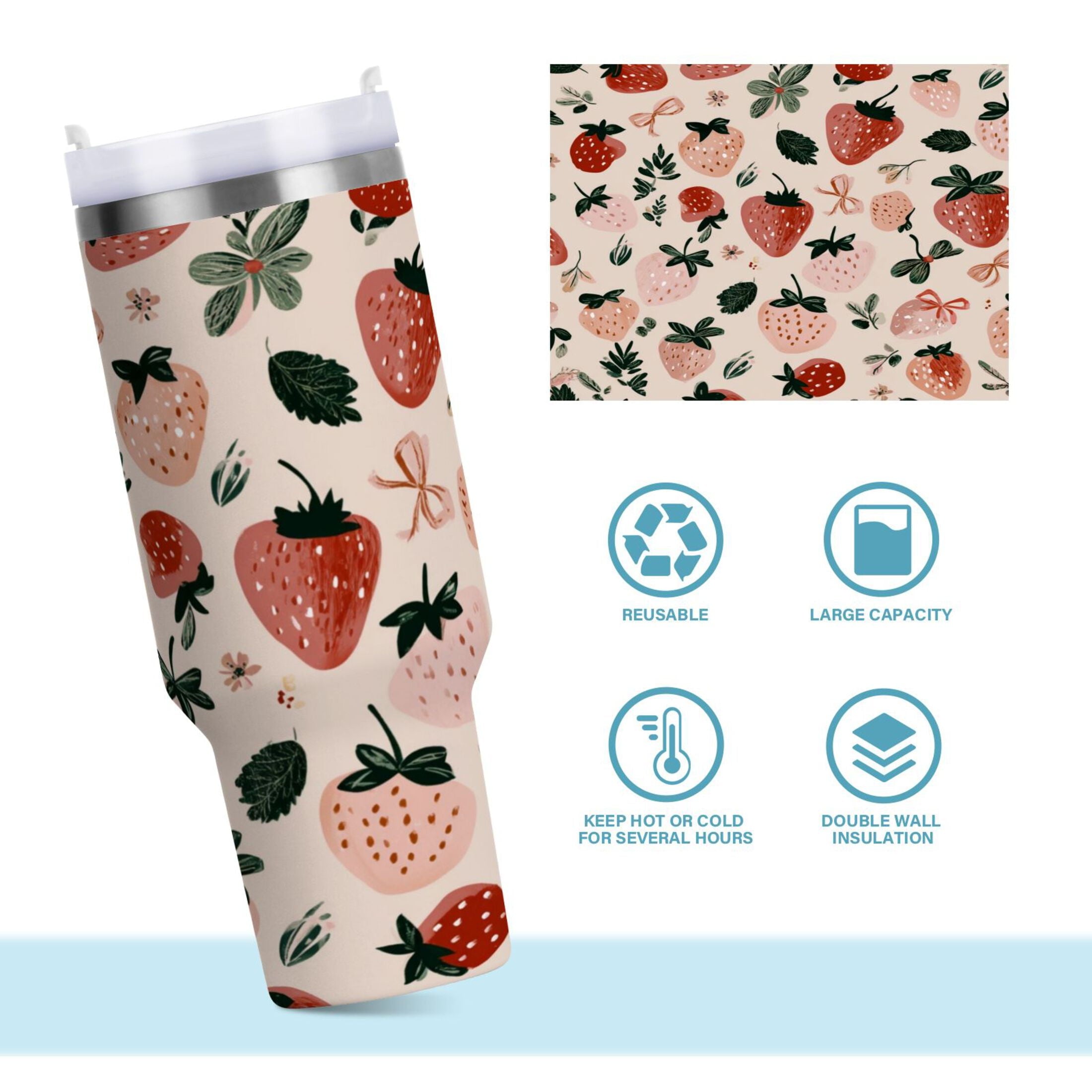 30 oz Insulated Stainless Steel Tumbler Double Wall Stainless Steel Tumbler with 2-Way Drinking Cute Pinks Strawberries C596A