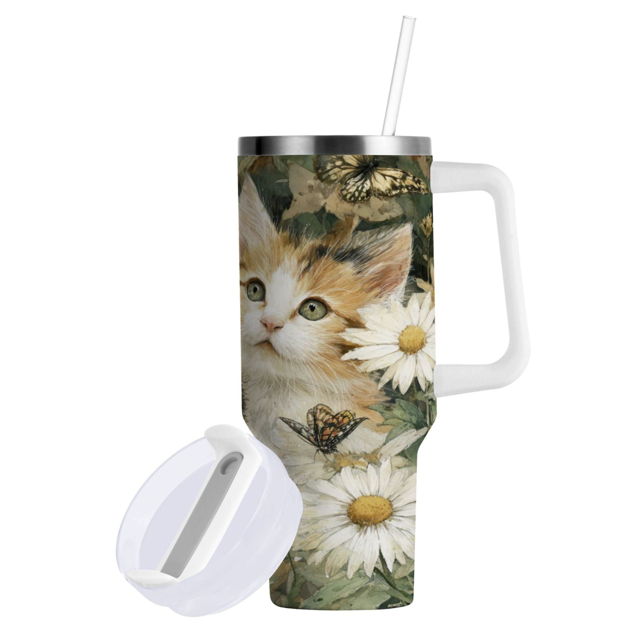 30 oz Insulated Stainless Steel Tumbler Double Wall Stainless Steel Tumbler with 2-Way Drinking Adorable Cats and Daisies C602Z