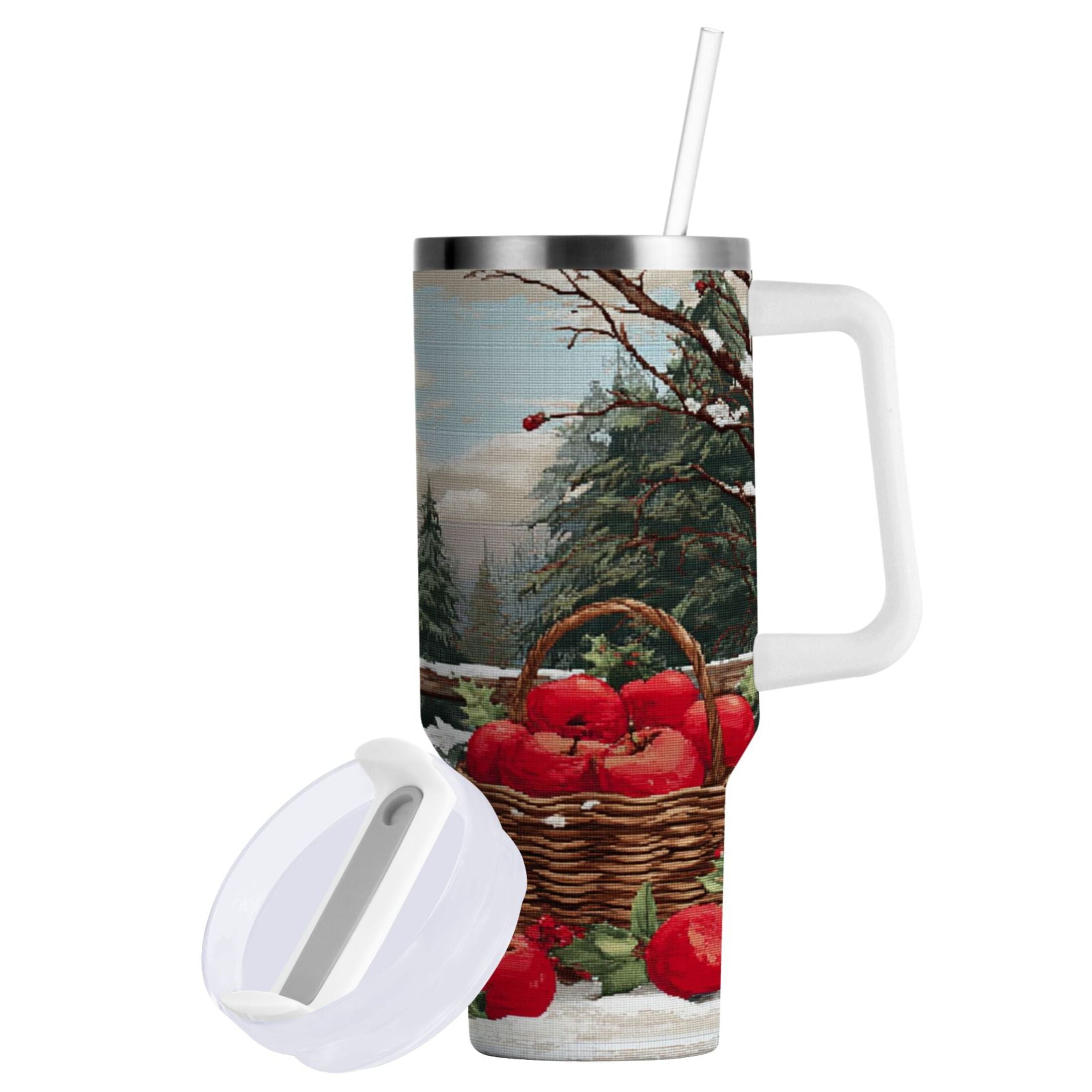 30 oz Insulated Stainless Steel Tumbler Double Wall Stainless Steel Tumbler with 2-Way Drinking Apples and Baskets C529T