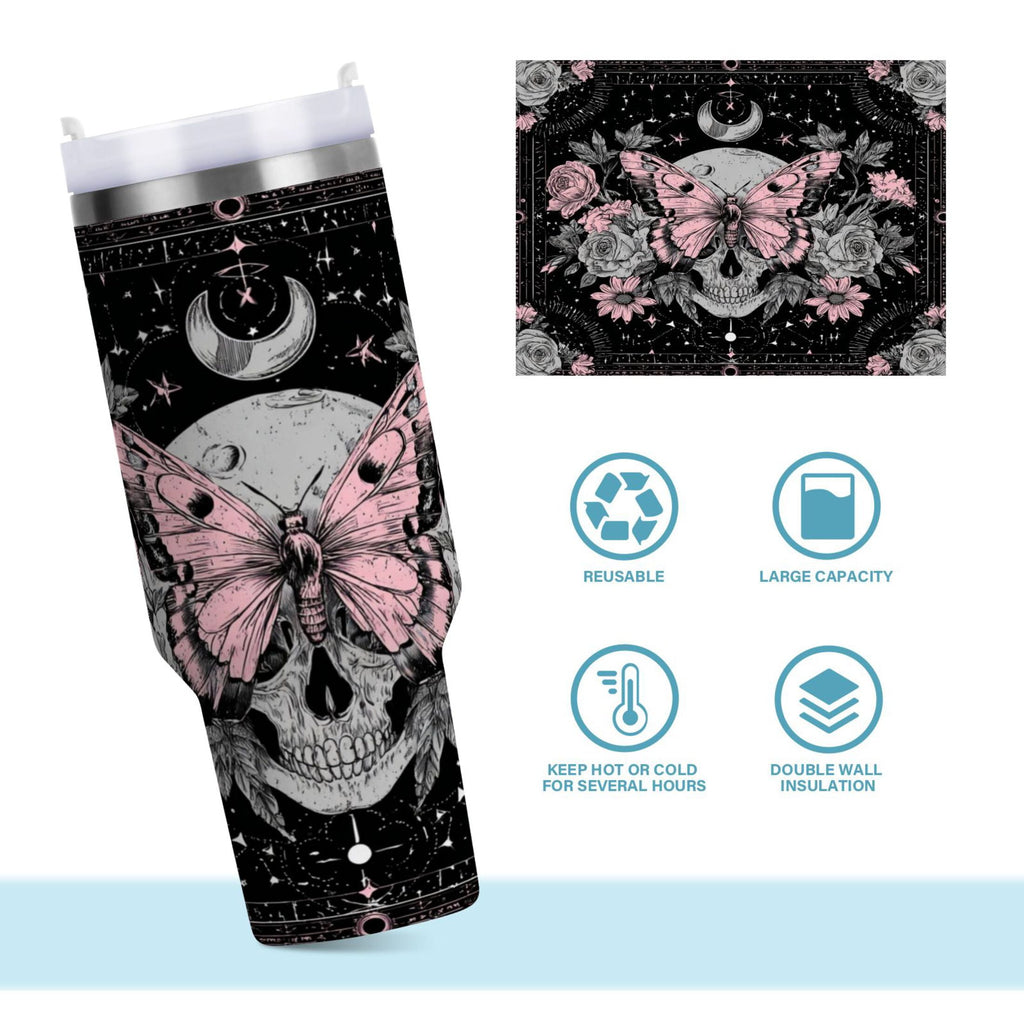 30 oz Insulated Stainless Steel Tumbler Double Wall Stainless Steel Tumbler with 2-Way Drinking Butterfly by Moon and Flowers C542H