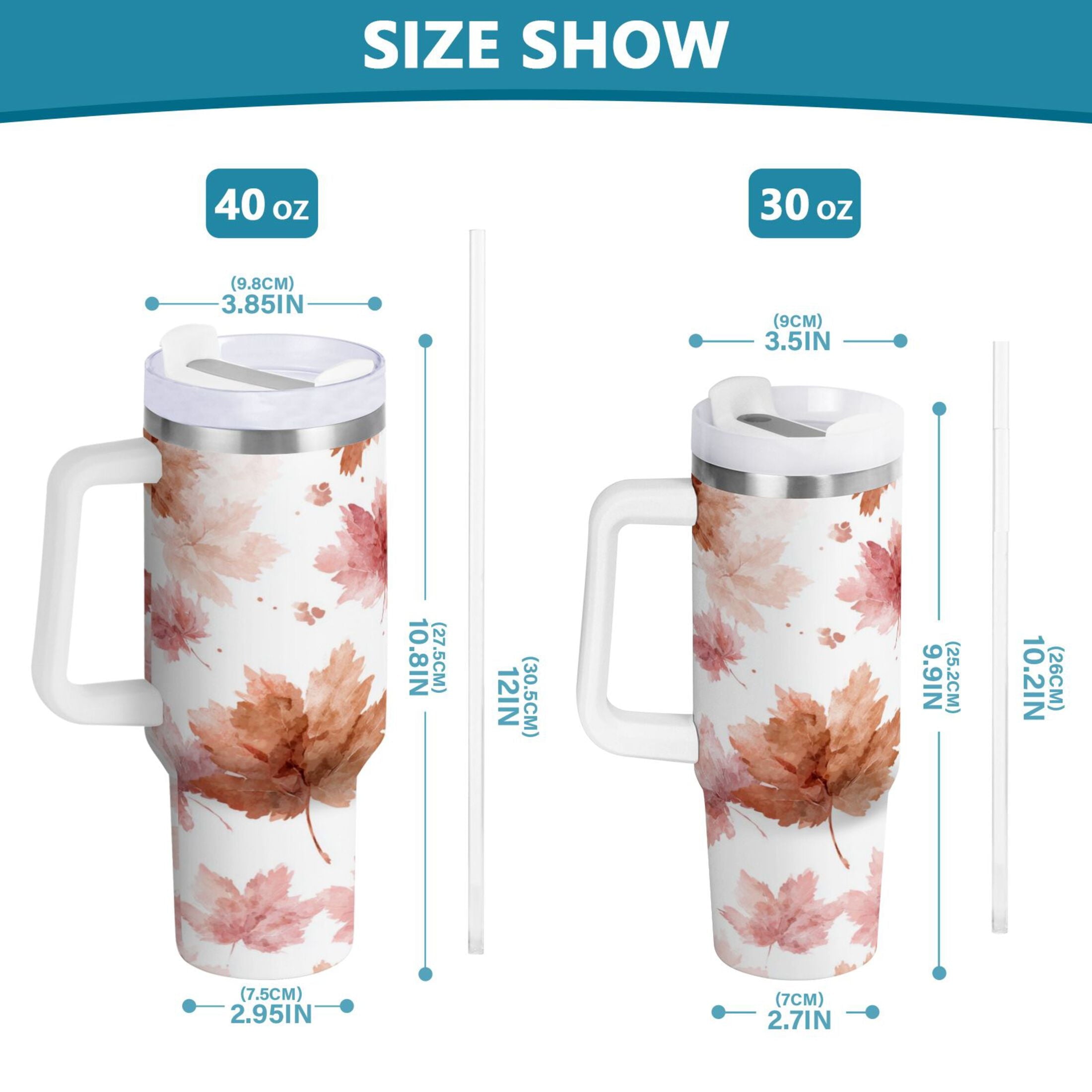 30 oz Insulated Stainless Steel Tumbler Double Wall Stainless Steel Tumbler with 2-Way Drinking Watercolor Pink Maple Leaves C624J