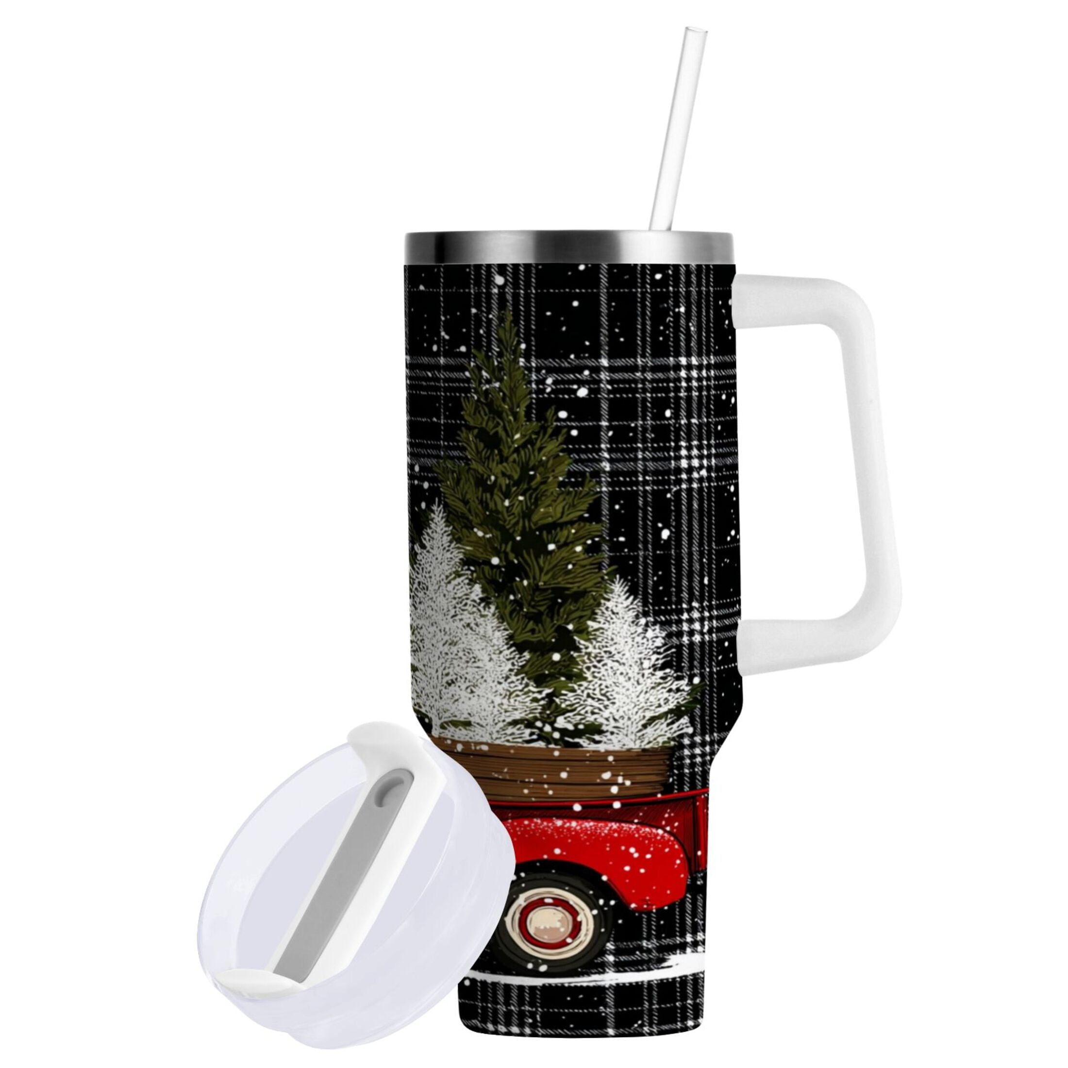 40 oz Insulated Stainless Steel Tumbler Double Wall Stainless Steel Tumbler with 2-Way Drinking Red Truck with Christmas Tree C669U
