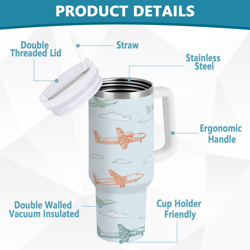 30 oz Insulated Stainless Steel Tumbler Double Wall Stainless Steel Tumbler with 2-Way Drinking Pastel Doodle Airplanes C593J
