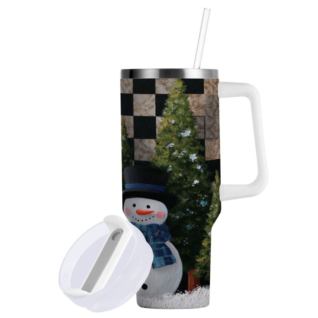 30 oz Insulated Stainless Steel Tumbler Double Wall Stainless Steel Tumbler with 2-Way Drinking Two Snowmen Pattern C501E