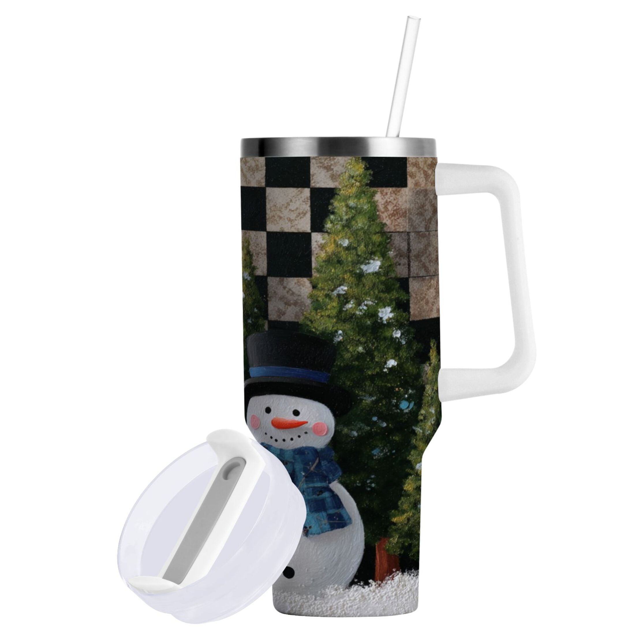 30 oz Insulated Stainless Steel Tumbler Double Wall Stainless Steel Tumbler with 2-Way Drinking Two Snowmen Pattern C501E