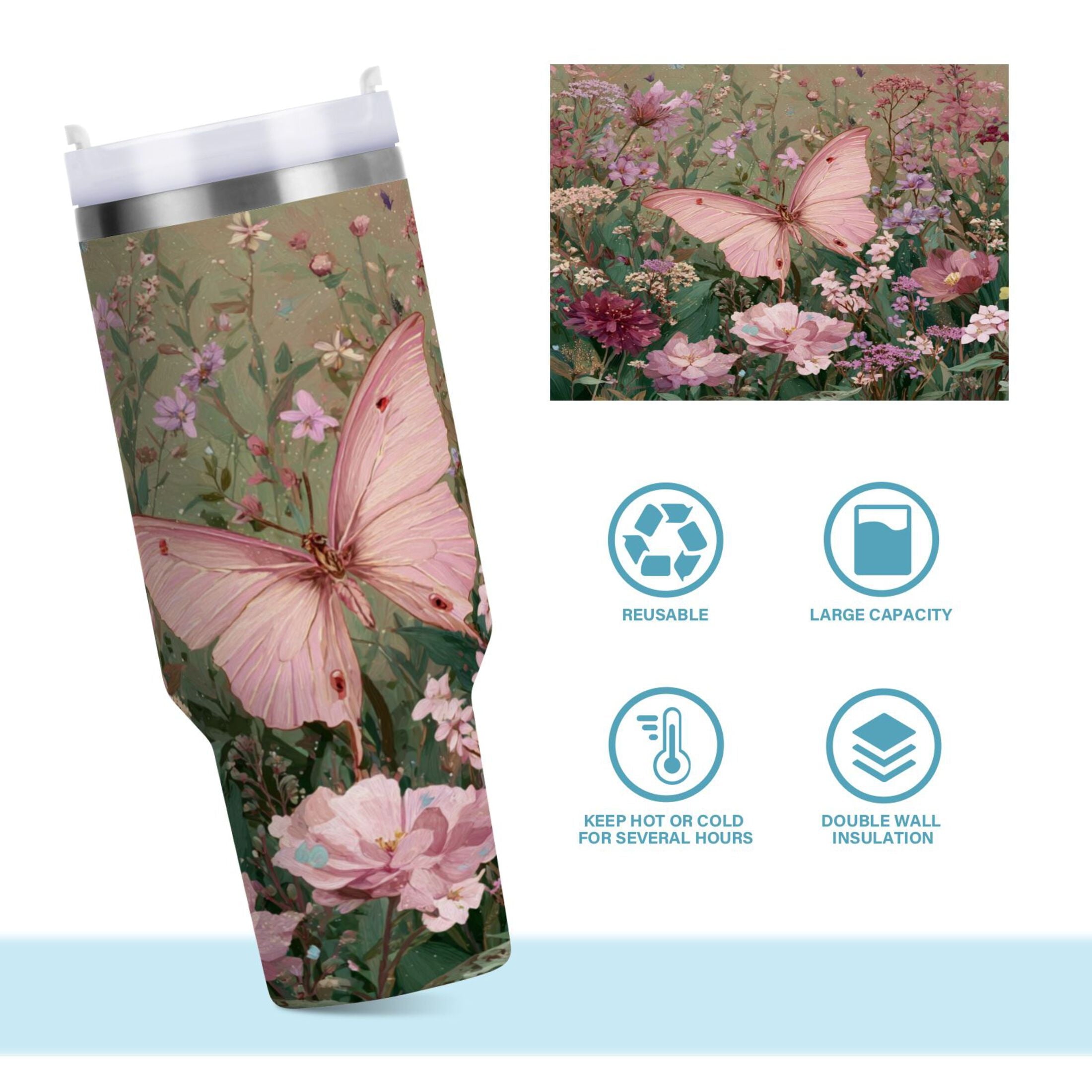 30 oz Insulated Stainless Steel Tumbler Double Wall Stainless Steel Tumbler with 2-Way Drinking Delicate Butterfly C643T