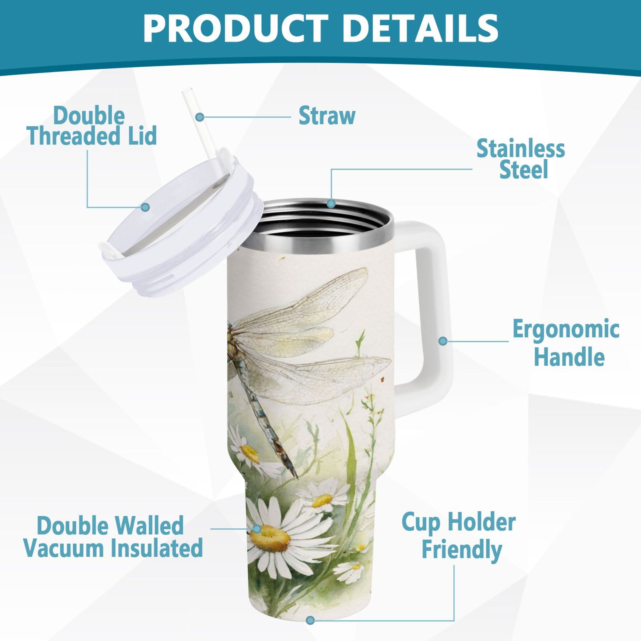 30 oz Insulated Stainless Steel Tumbler Double Wall Stainless Steel Tumbler with 2-Way Drinking Dragonflies with White Daisies C655T