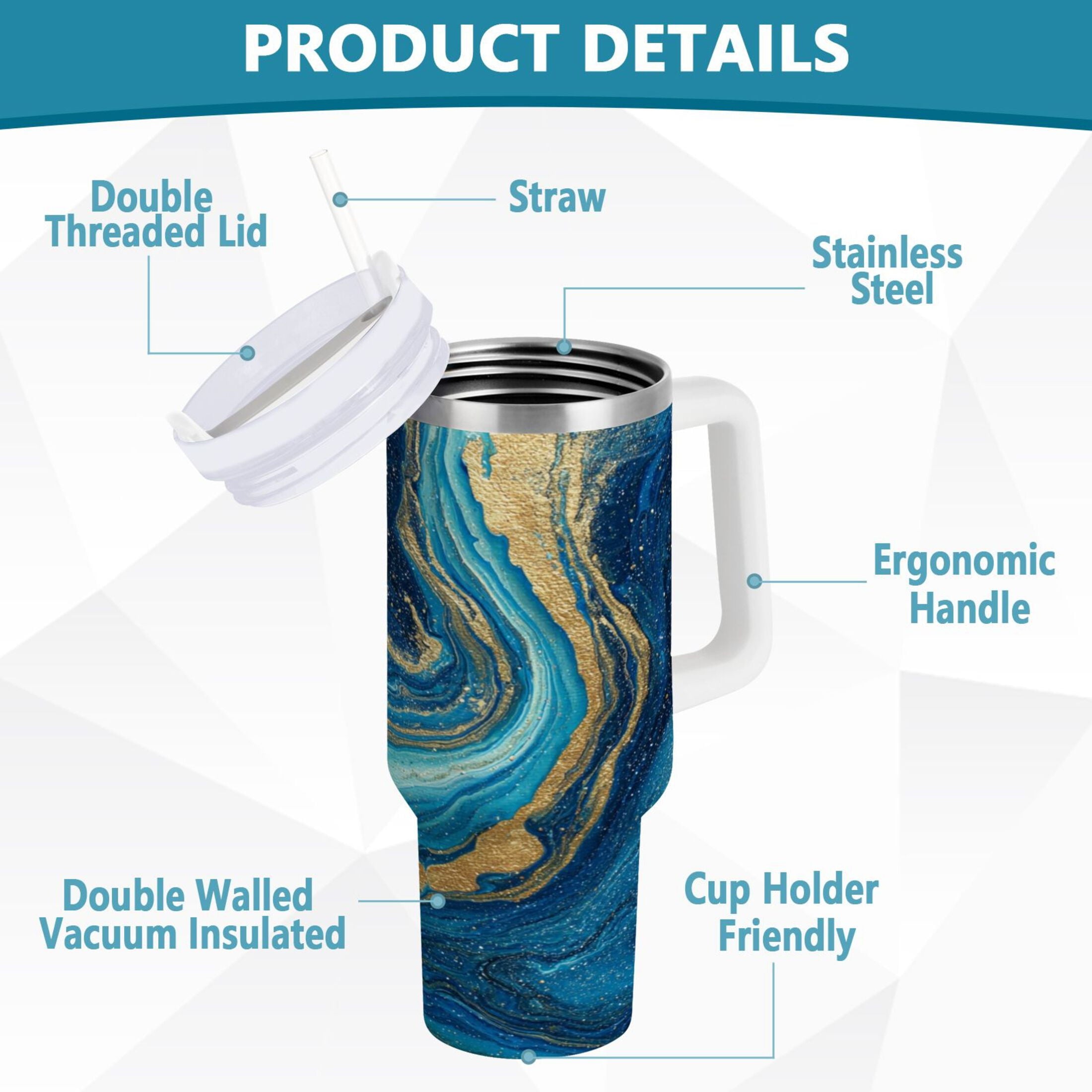 30 oz Insulated Stainless Steel Tumbler Double Wall Stainless Steel Tumbler with 2-Way Drinking Blue and Gold Ocean C507U