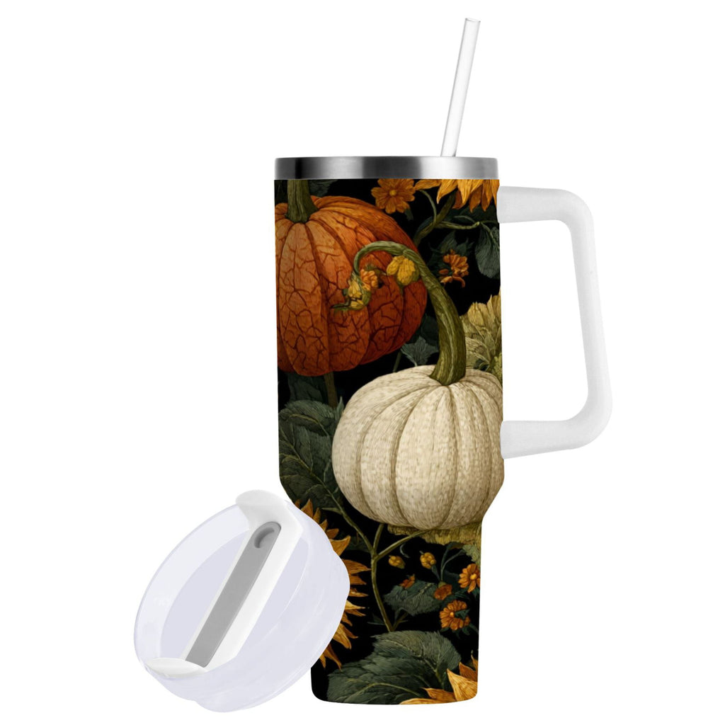 40 oz Insulated Stainless Steel Tumbler Double Wall Stainless Steel Tumbler with 2-Way Drinking Pumpkins and Sunflowers Pattern C560L