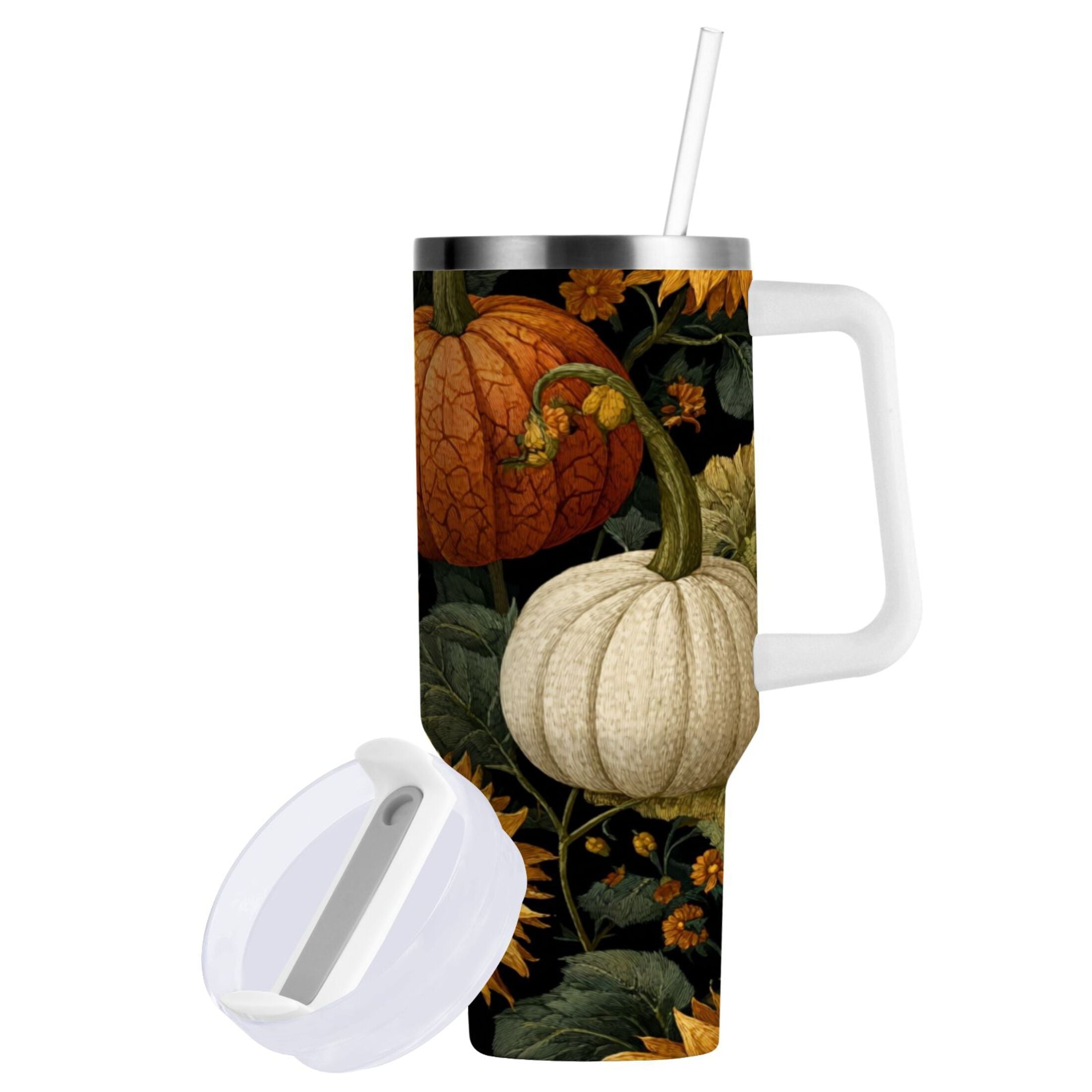 40 oz Insulated Stainless Steel Tumbler Double Wall Stainless Steel Tumbler with 2-Way Drinking Pumpkins and Sunflowers Pattern C560L