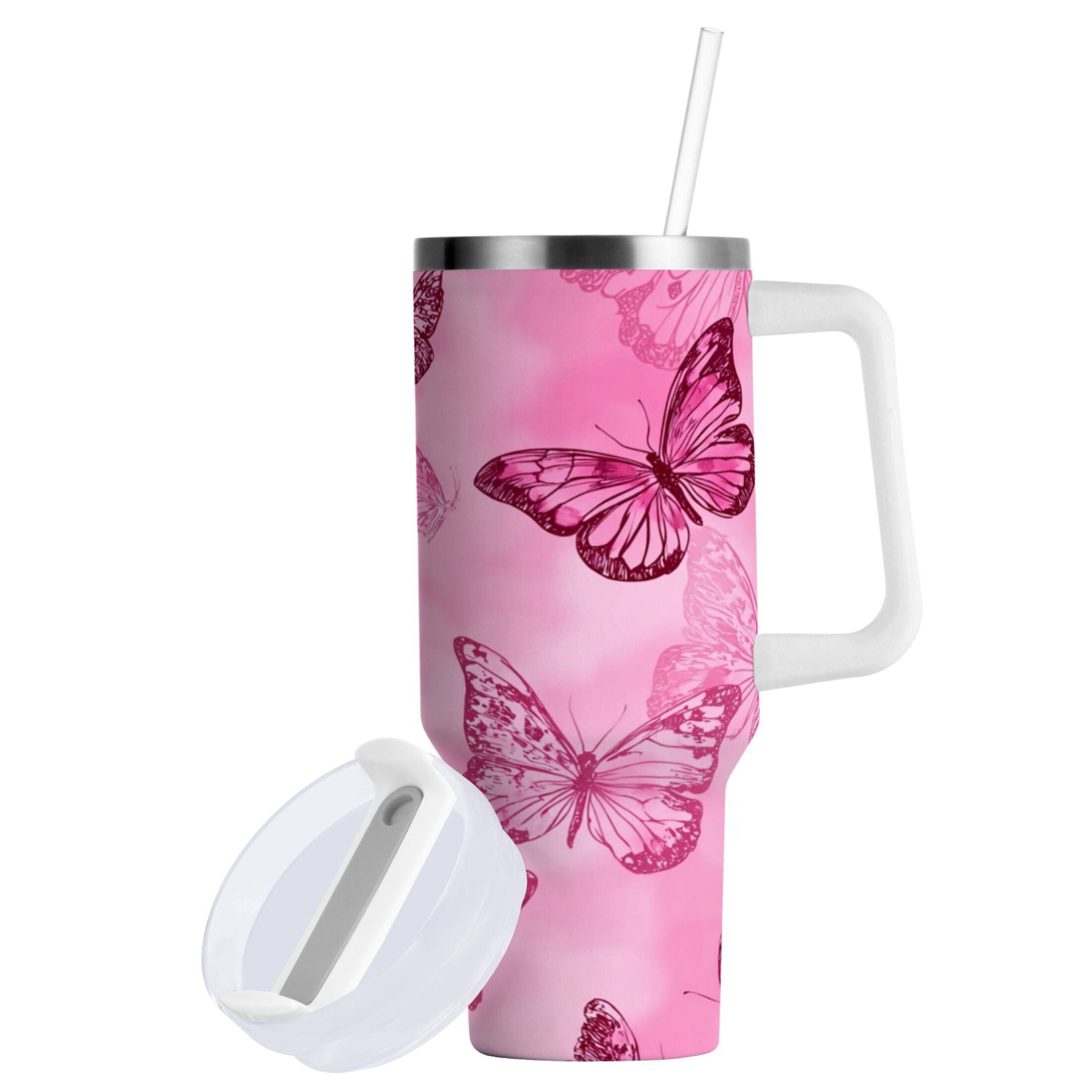 40 oz Insulated Stainless Steel Tumbler Double Wall Stainless Steel Tumbler with 2-Way Drinking Pink Butterfly Pattern C629D