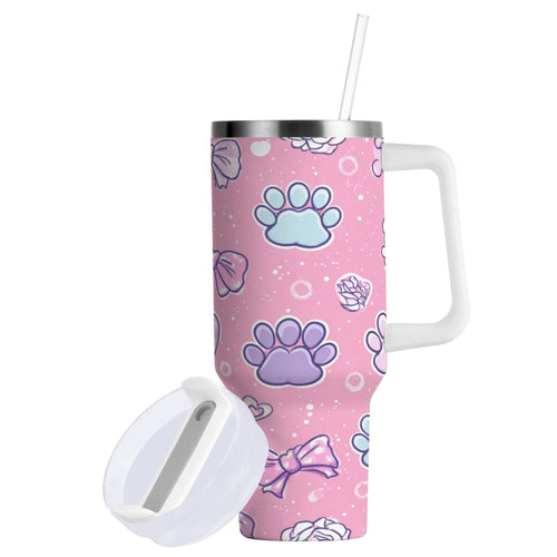 30 oz Insulated Stainless Steel Tumbler Double Wall Stainless Steel Tumbler with 2-Way Drinking Dog Paw Prints and Bows C648Y