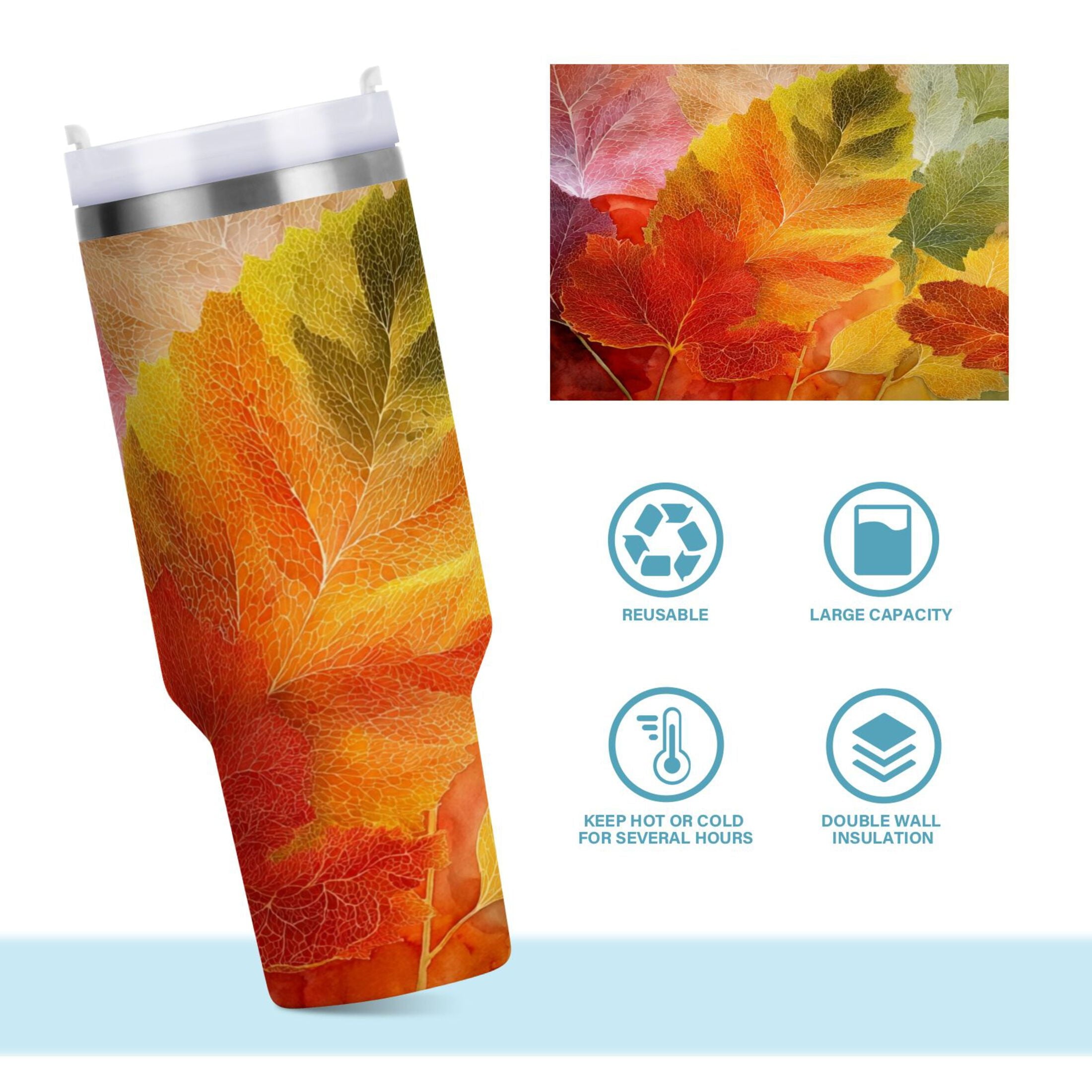 30 oz Insulated Stainless Steel Tumbler Double Wall Stainless Steel Tumbler with 2-Way Drinking Various Shades Autumn Leaves C590N